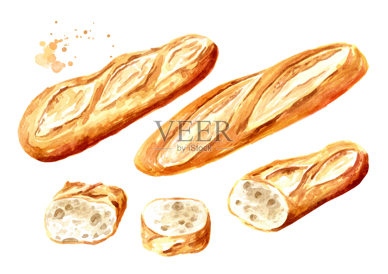 新鲜的法式长棍面包，切成两半，法式面包。手绘水彩插图，孤立的白色背景插画图片素材