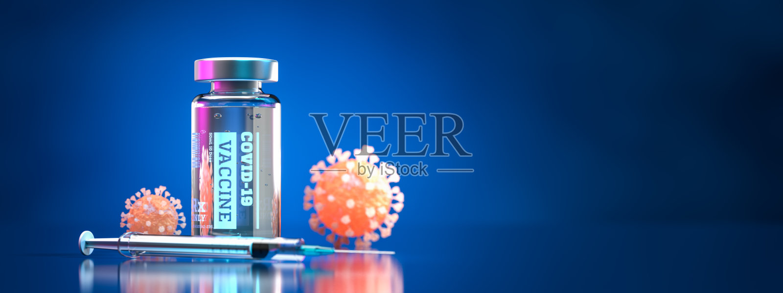冠状病毒感染疫苗- covid - 19和注射用注射器。蓝色背景的冠状病毒疾病治疗。3 d演示。照片摄影图片
