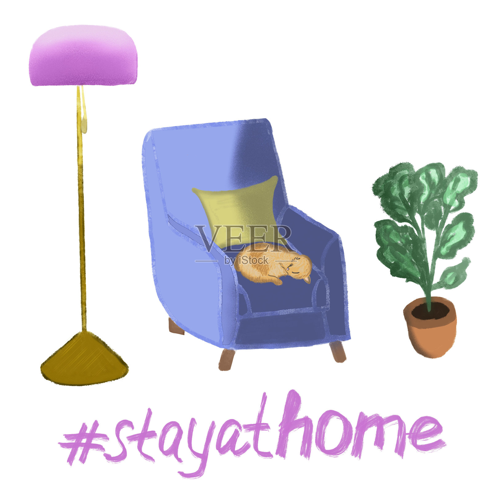 待在家里，发短信，写字。蓝色的扶手椅，金黄色和粉红色的火炬，红色的小猫睡在椅子上，花瓶与家植物。室内设计插画图片素材