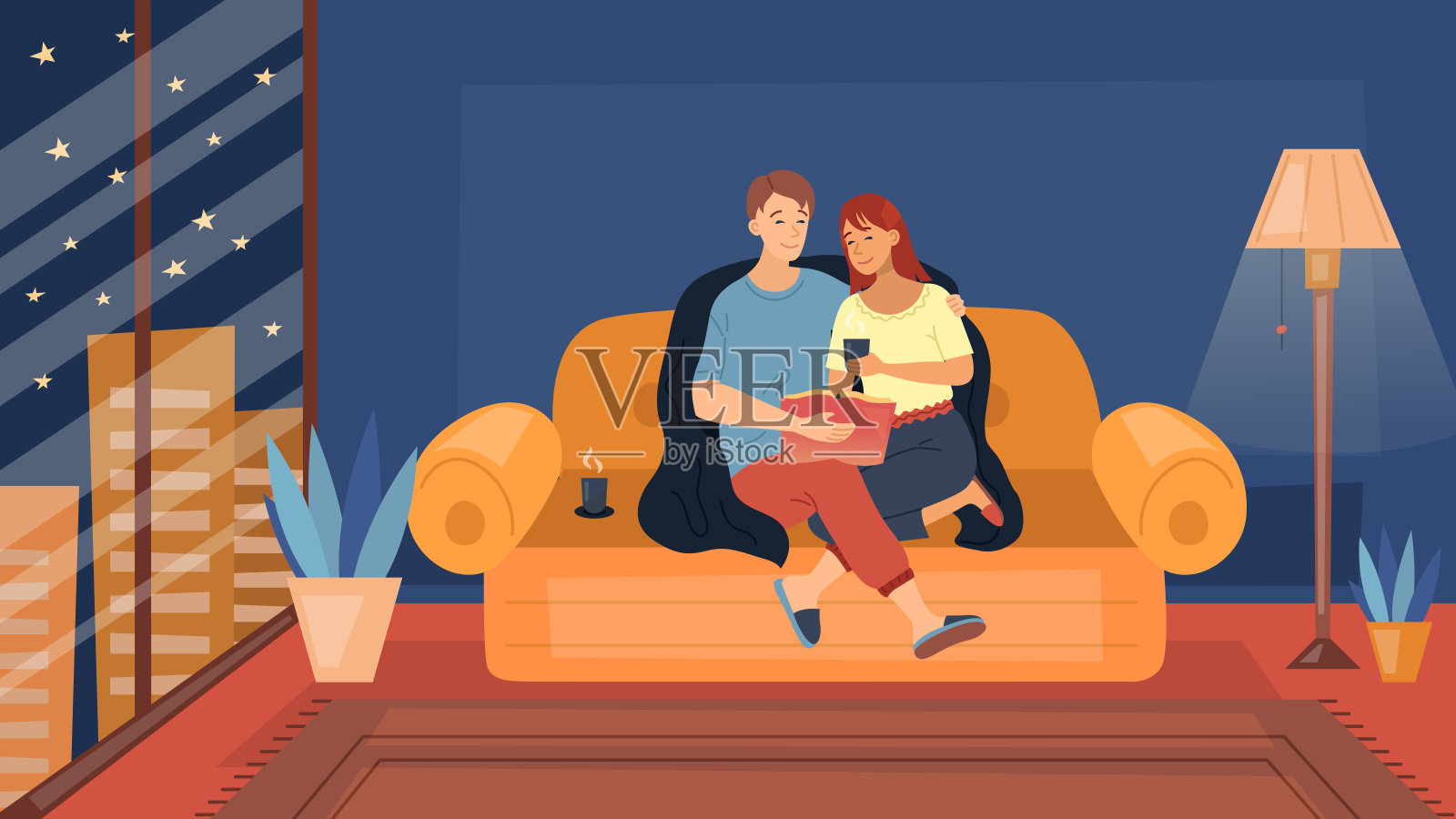 家庭休闲概念。一对年轻的男女坐在以夜景为背景的沙发上互相拥抱，在家里看书，玩得开心。卡通平的风格。矢量图插画图片素材
