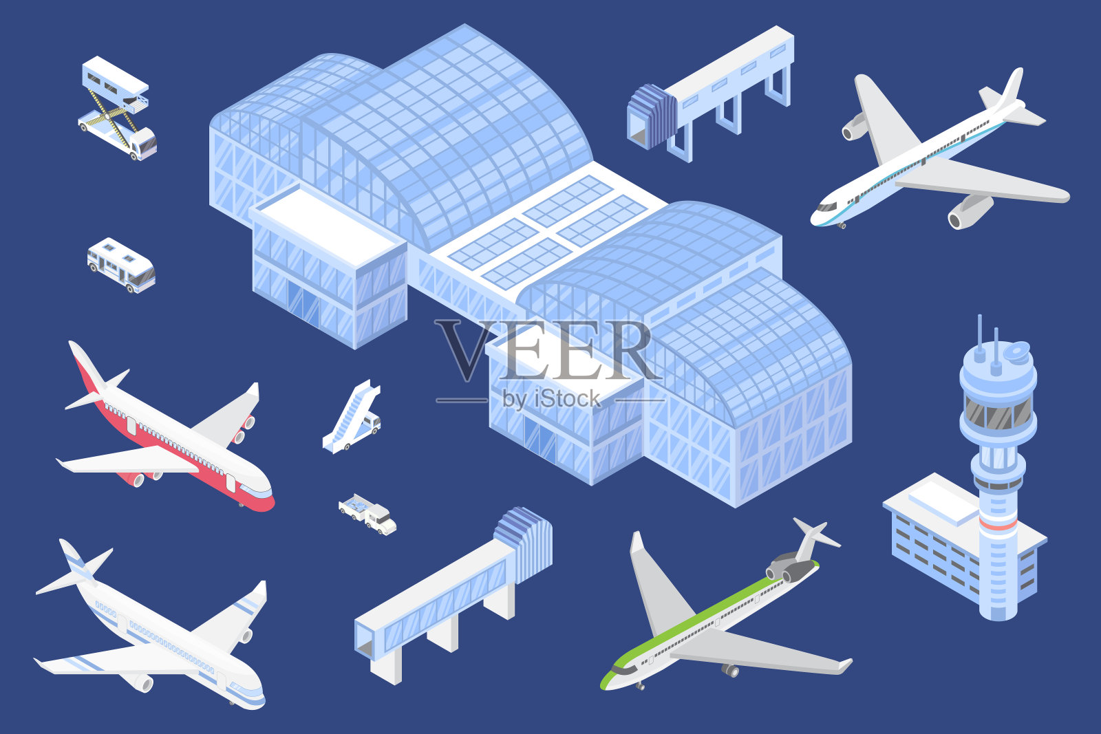 机场等距图标设置，矢量插图与孤立的飞机和机场航站楼的特殊设备的设计或游戏。插画图片素材