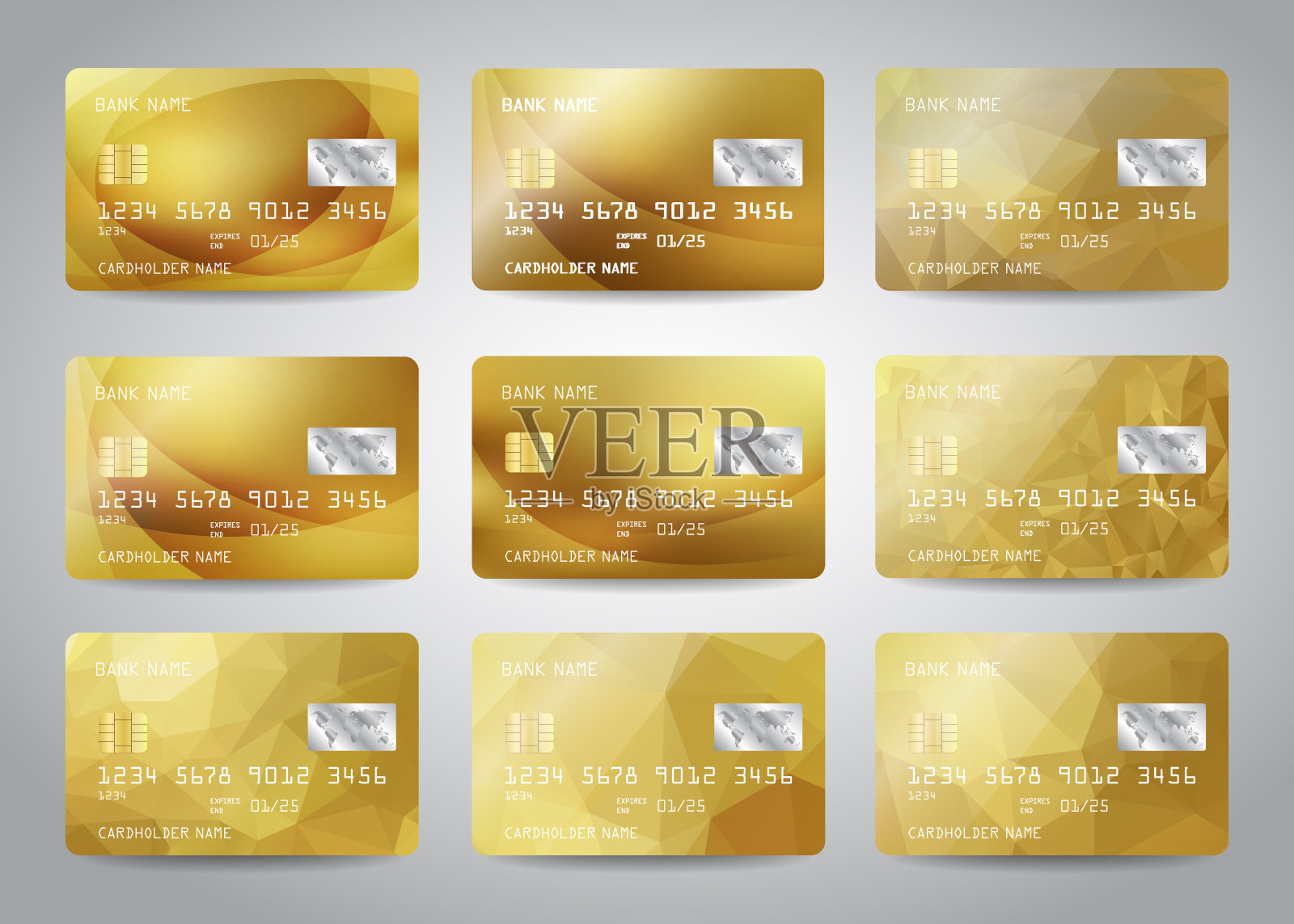 黄金信用卡设置彩色抽象黄金设计背景。现实详细的模板设计的借记卡，信用卡ATM卡模型与金金属梯度芯片矢量插图插画图片素材