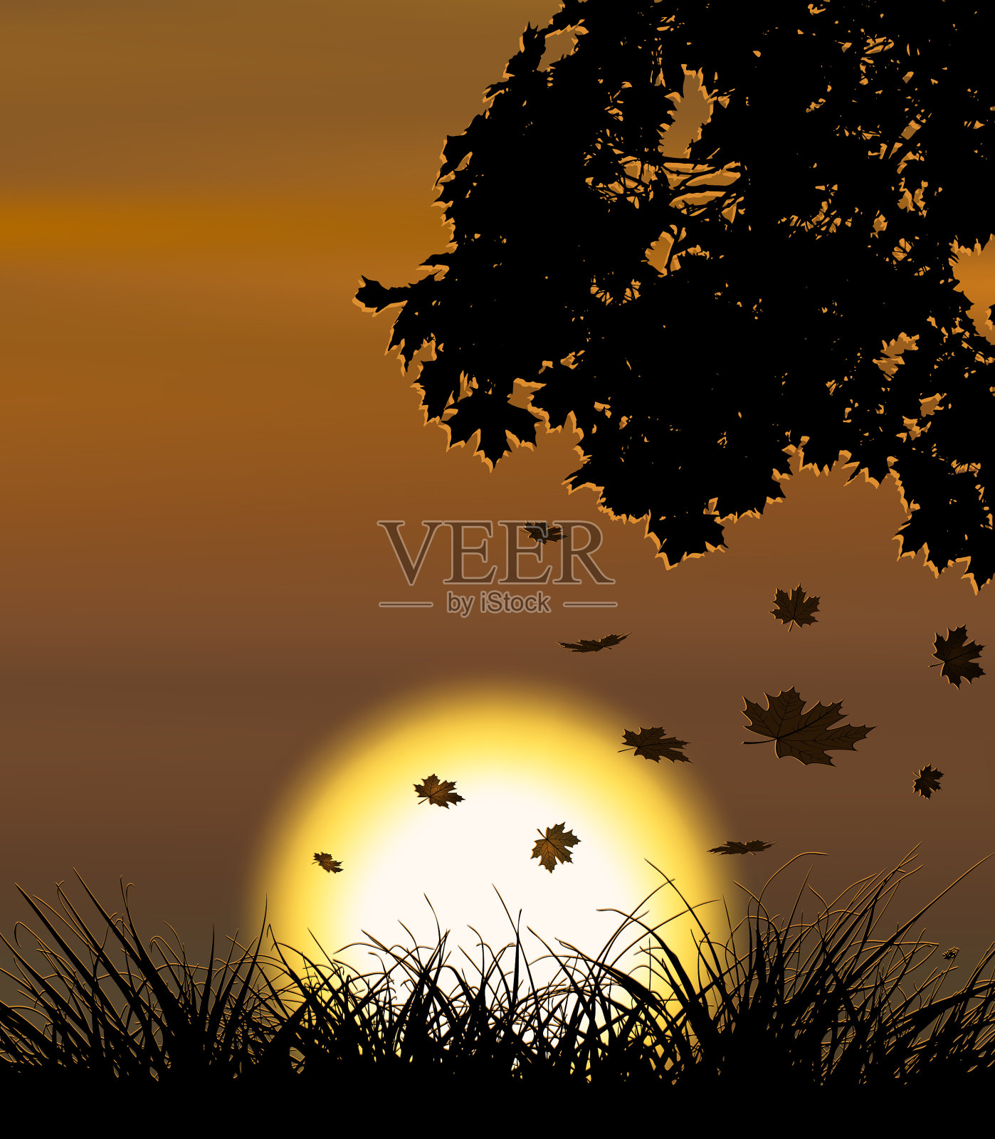 秋天日落的背景与飘落的枫叶插画图片素材