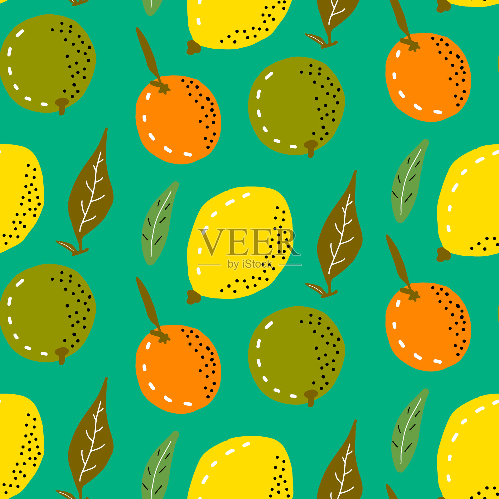 卡通风格的柑橘类水果插图。绿色背景上的矢量无缝模式。插画图片素材
