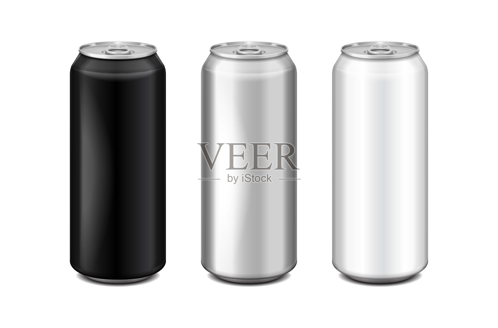 金属光泽，银色，白色和黑色的铝啤酒罐。可用于酒精、能量饮料、软饮料、汽水、汽水、柠檬水、可乐。向量现实模板集插画图片素材