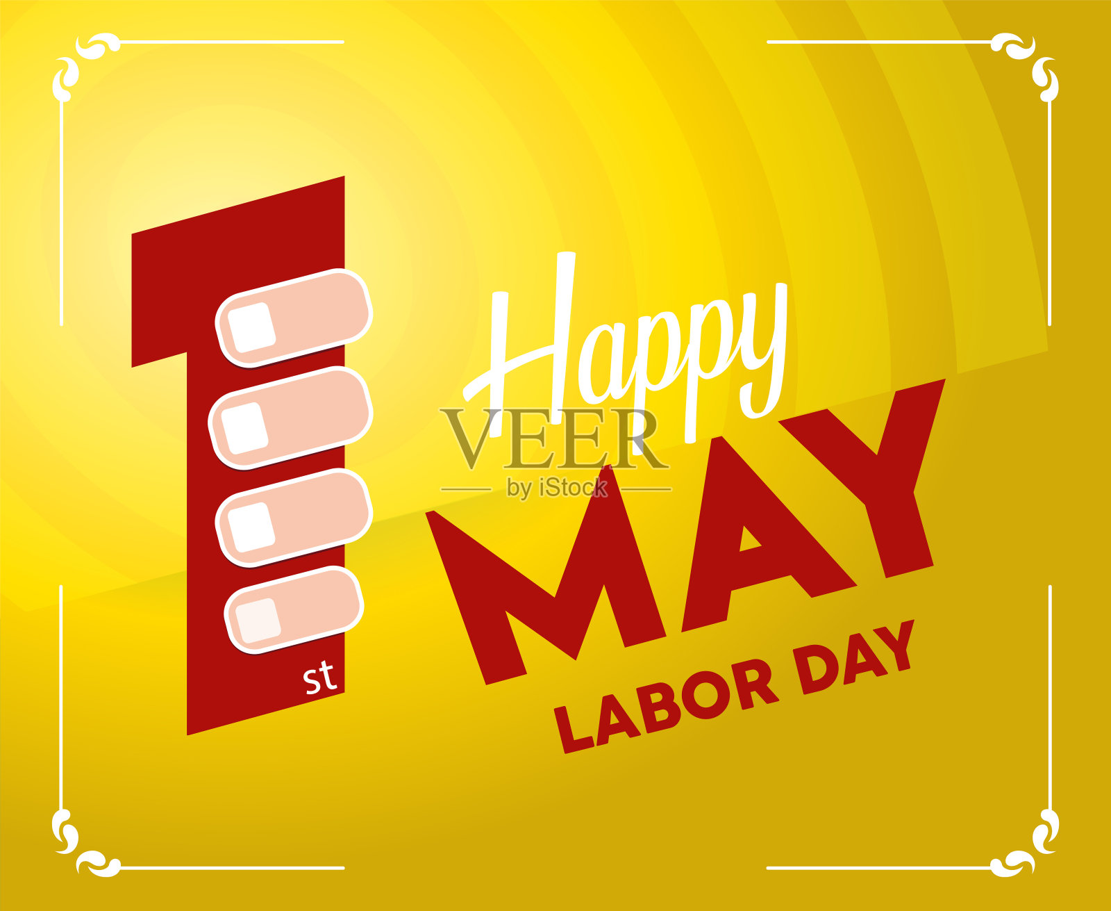 五一劳动节。5月1日是劳动团结的日子。手拿着1。劳动节快乐。标志和海报。设计模板素材