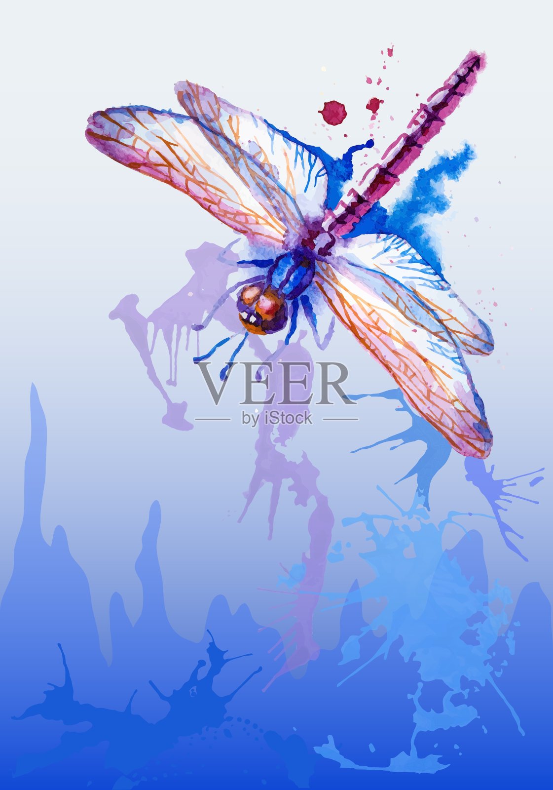 背景与紫色水彩蜻蜓插画图片素材