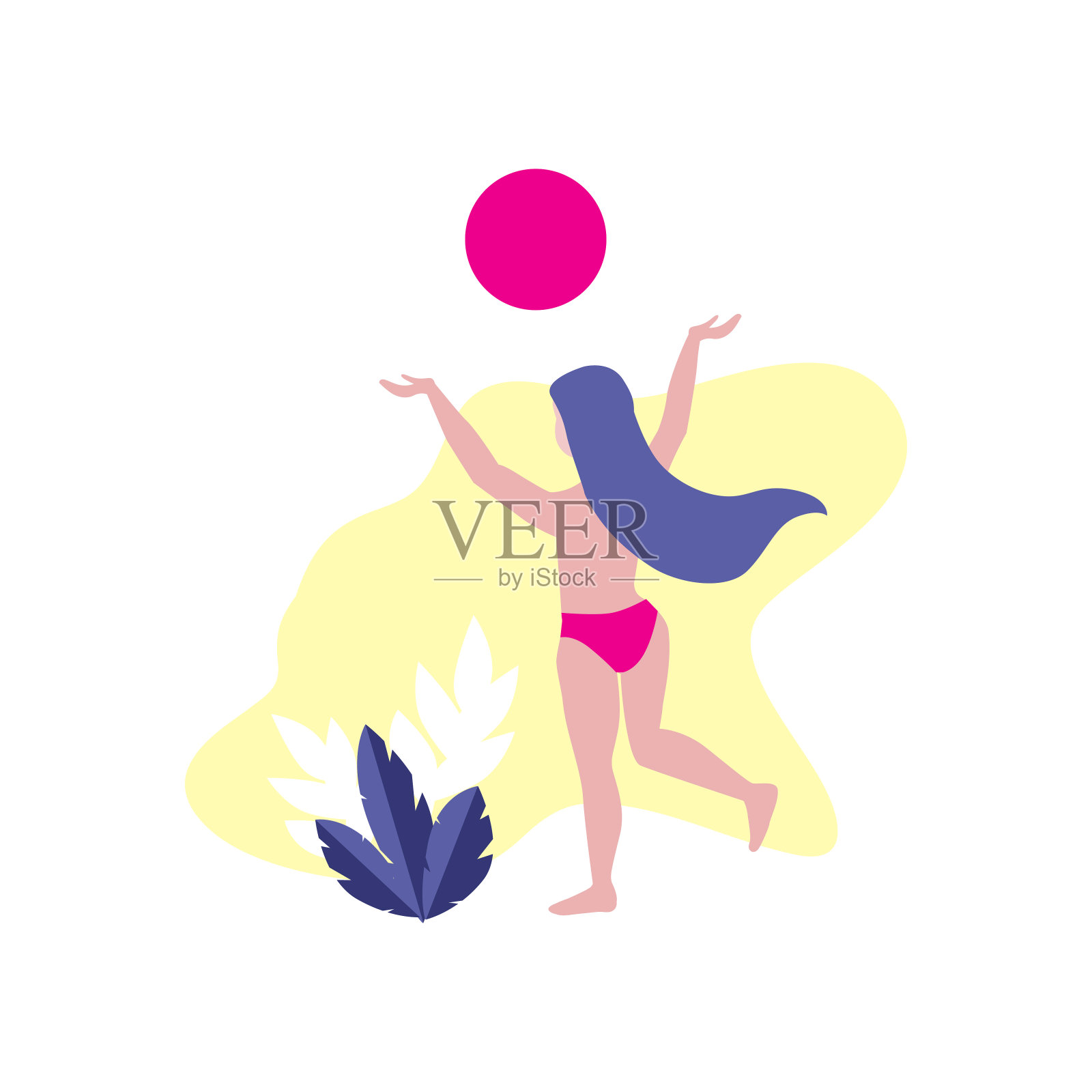 向量插图的幸福美丽的女人或女孩在内裤举起双手在空中黄色的背景与植物。设计元素图片