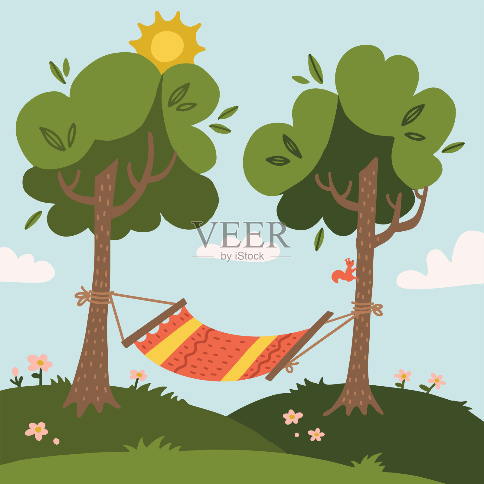 夏日吊床上有森林或花园中的树木、草地、太阳和云彩。平面向量插图插画图片素材