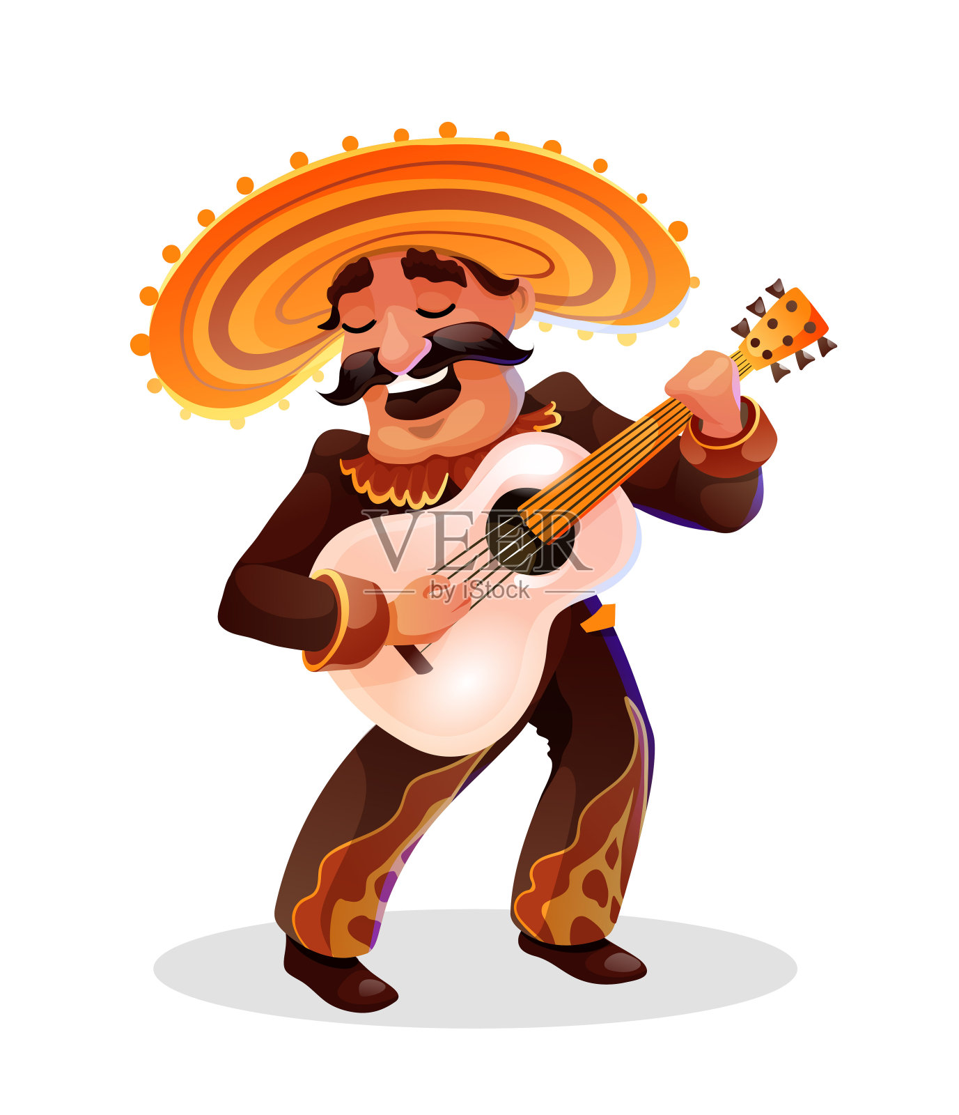 墨西哥歌手，手拿白色吉他，穿着传统服装，头戴宽边帽。矢量卡通人物孤立在白色设计元素图片