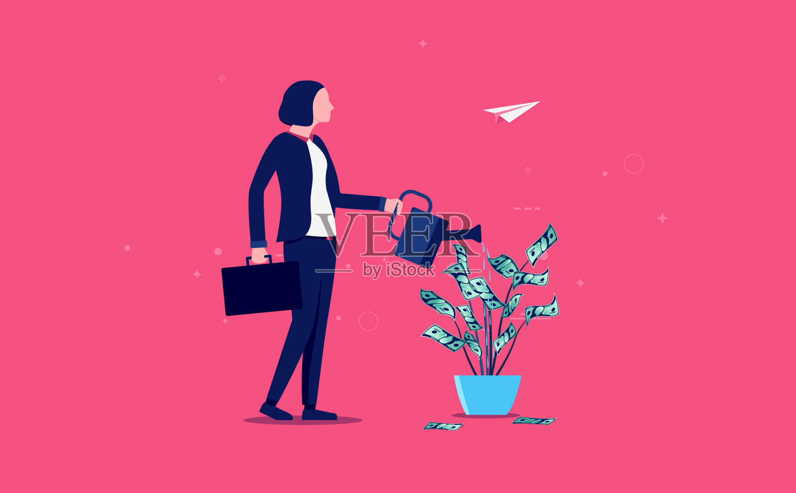 金钱成长女人——用金钱浇灌花朵的女性插画图片素材