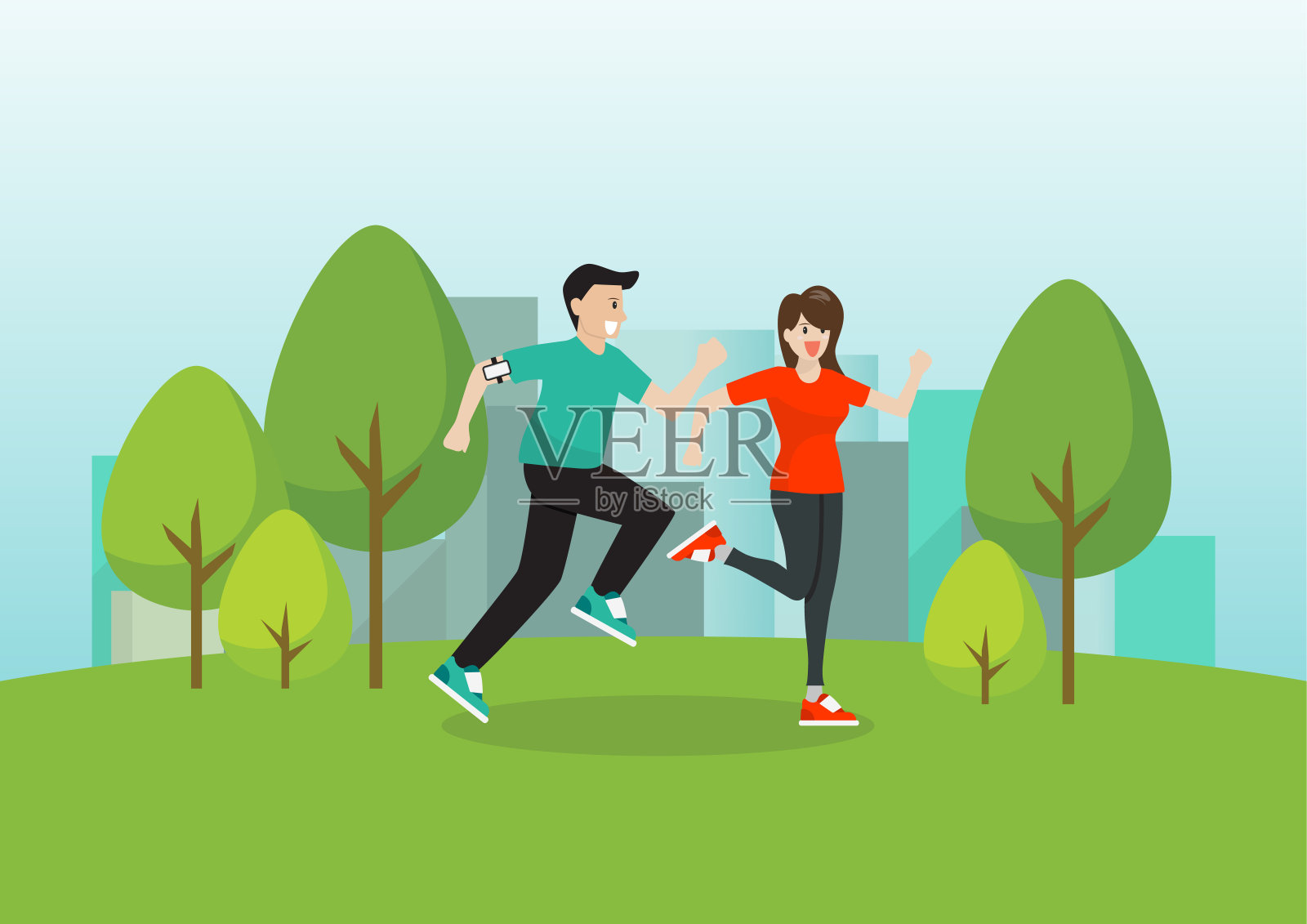 男人和女人在公园里跑步插画图片素材