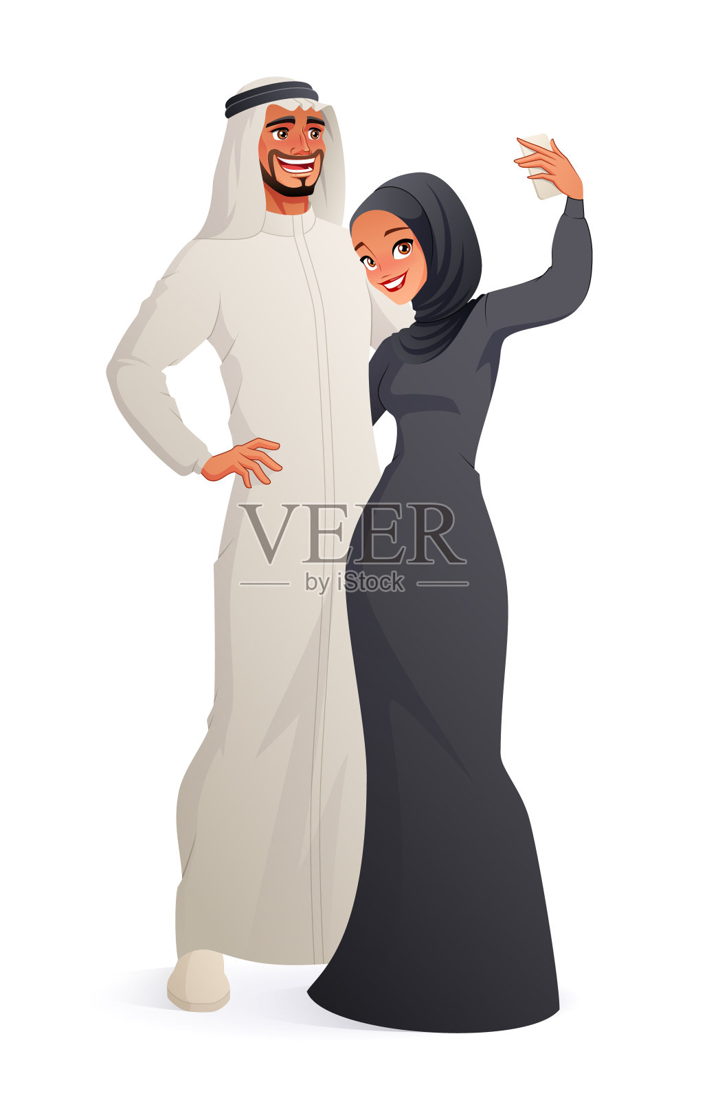 快乐的穆斯林夫妇互相拥抱并自拍。孤立的矢量图。设计元素图片