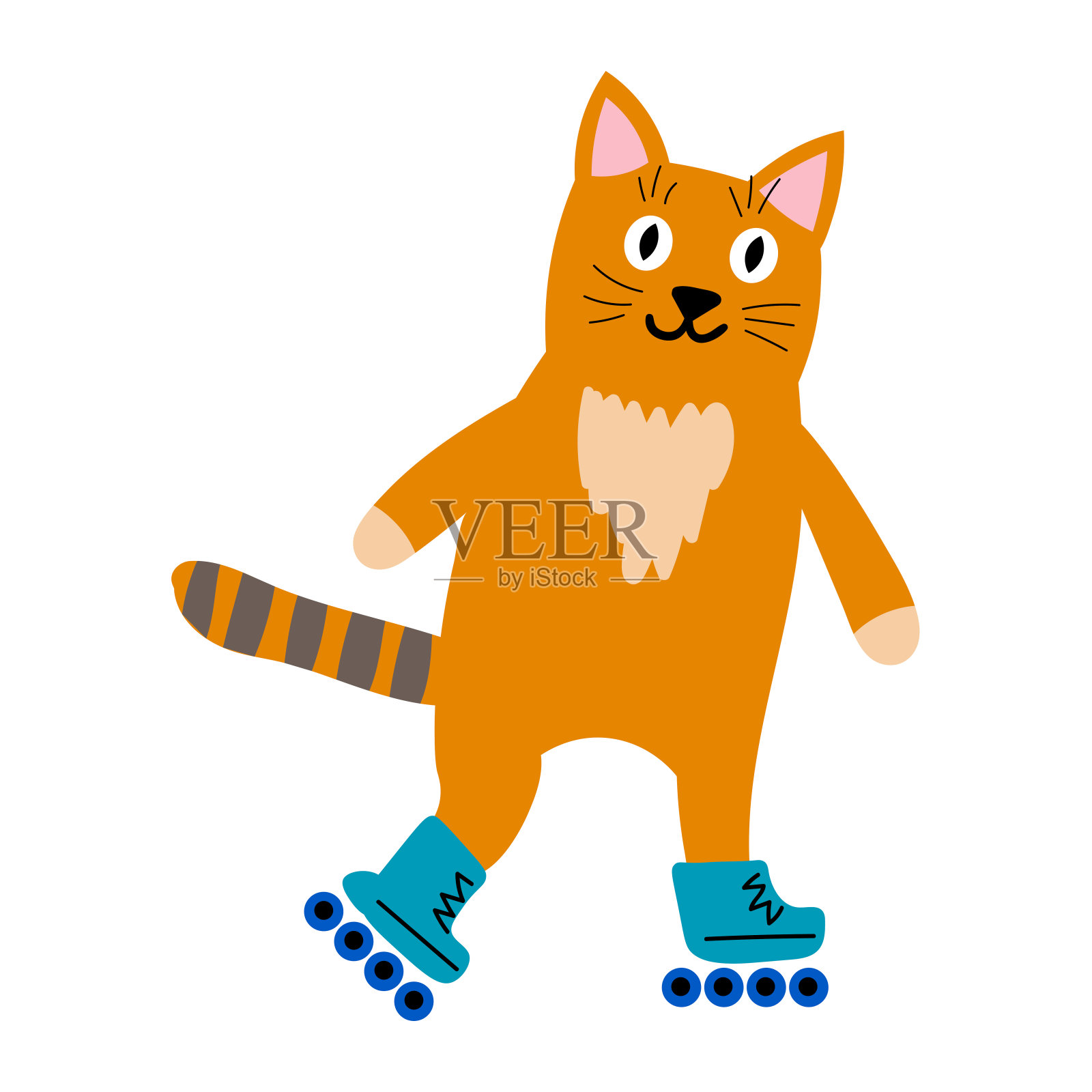可爱的卡通橙色猫在滚轮孤立的白色背景。运动宠物在孩子平坦的风格。概念儿童印刷。矢量插图。插画图片素材