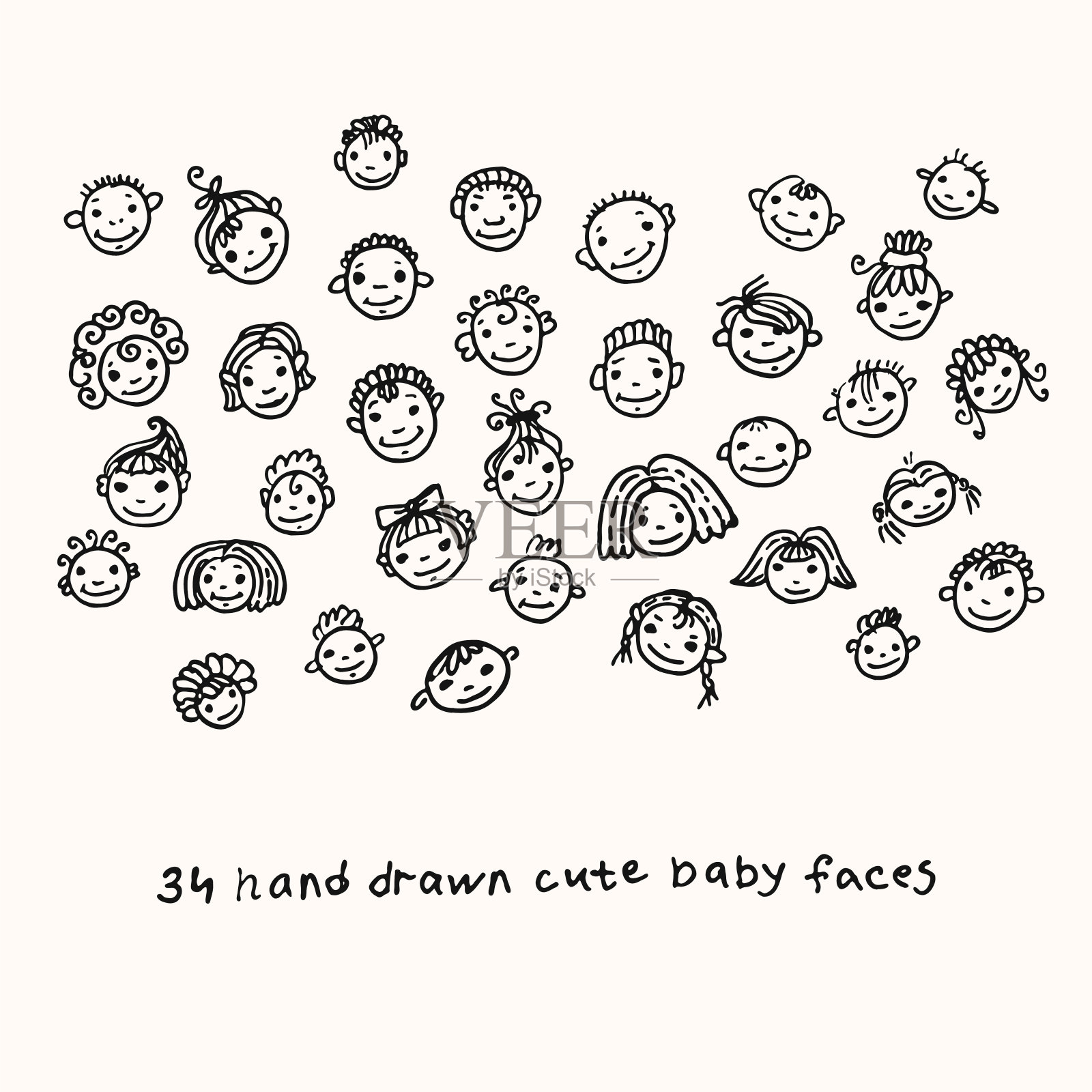 矢量插图。34手画可爱的娃娃脸。一组涂鸦婴儿笑脸。手绘黑色记号笔艺术。插画图片素材