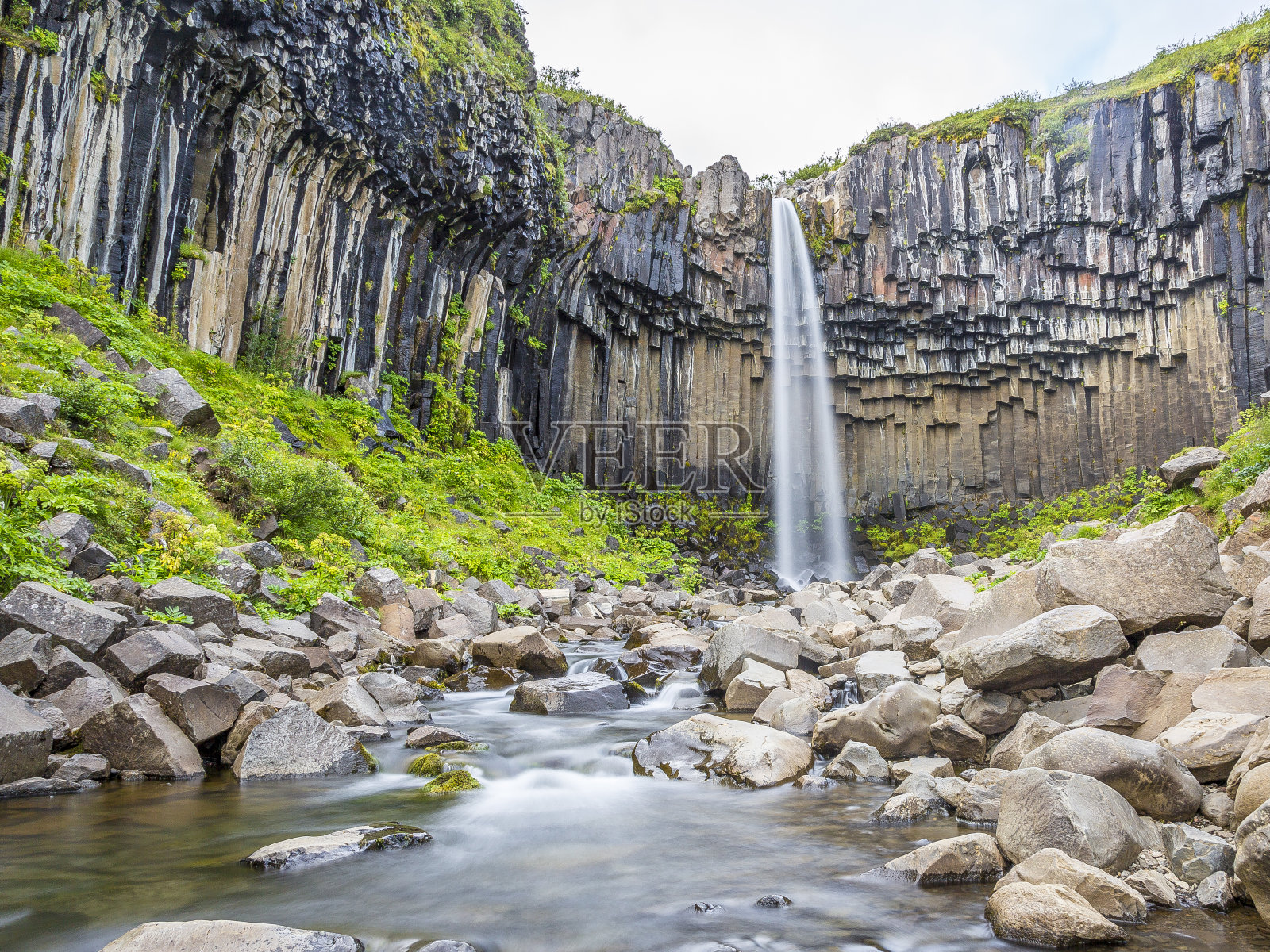 白天，冰岛的斯瓦提福斯瀑布与令人印象深刻的玄武岩形成照片摄影图片