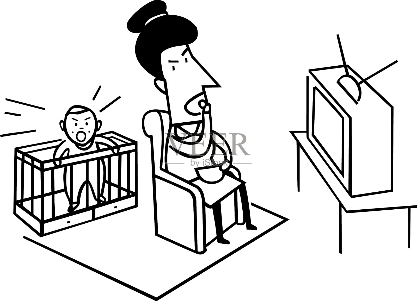 哭闹的孩子和看电视的妈妈是糟糕的父母插画图片素材