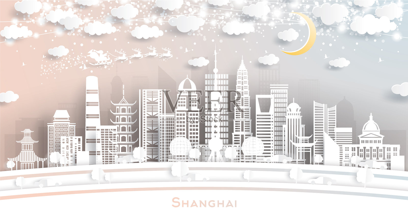上海剪纸风格的中国城市天际线插画图片素材