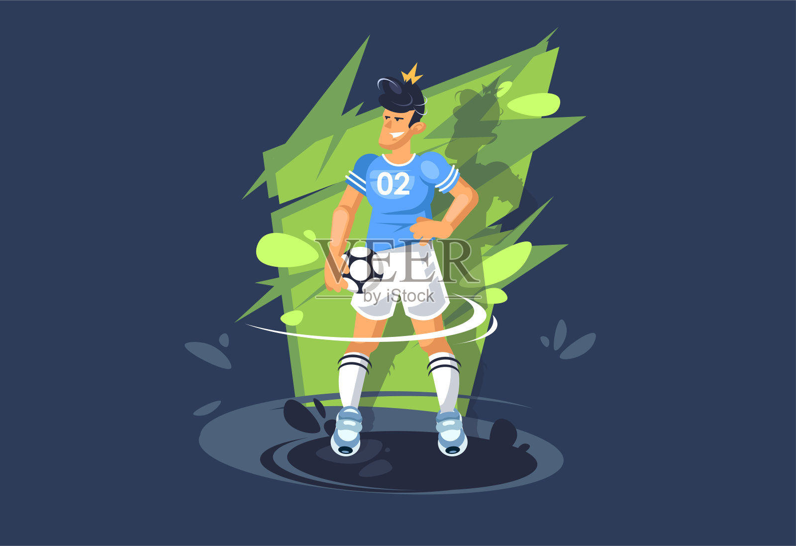 一个年轻人踢足球。一个足球运动员在踢球。运动的男孩。插画图片素材