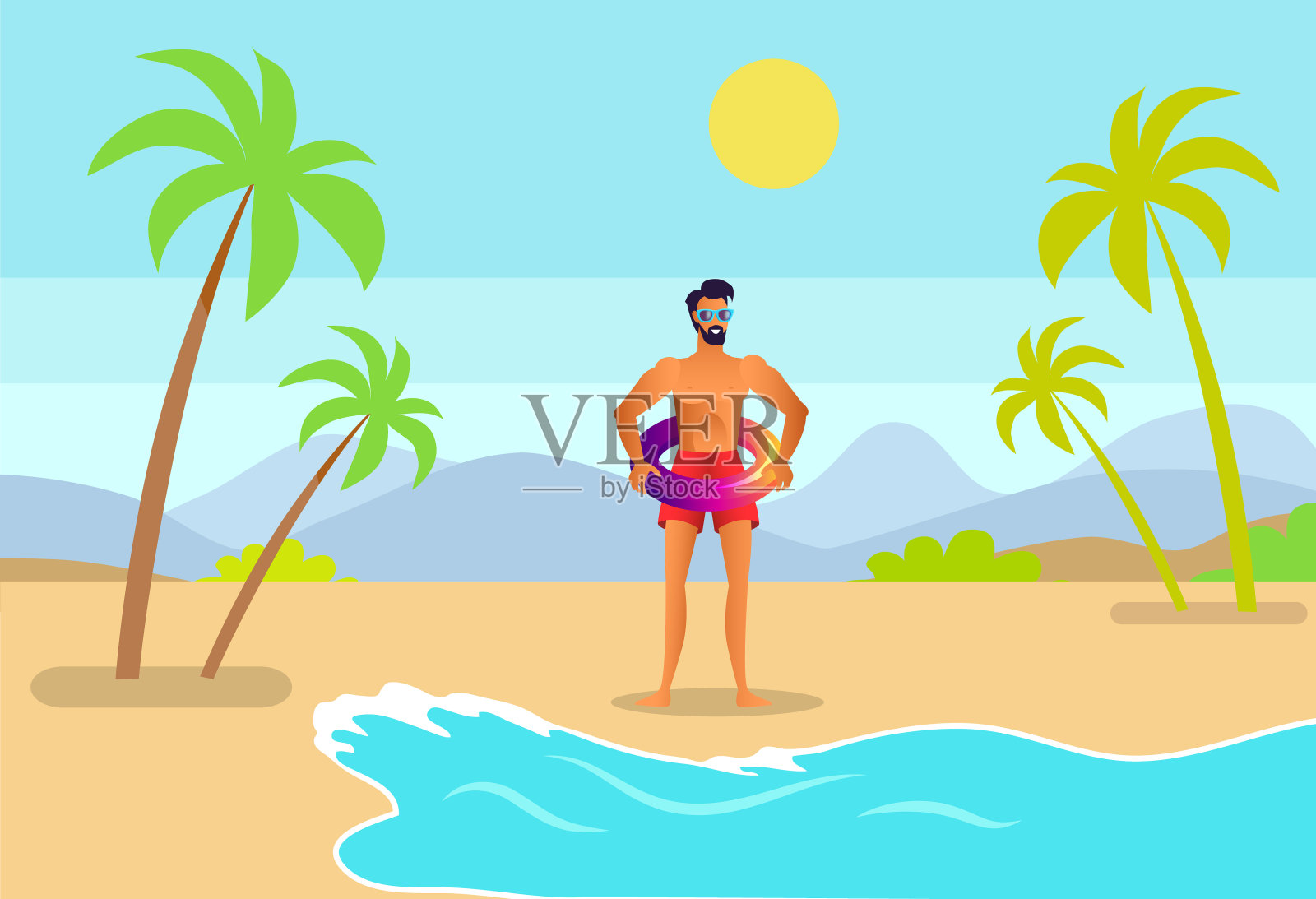 热带海滩上穿着充气泳裤的男人插画图片素材