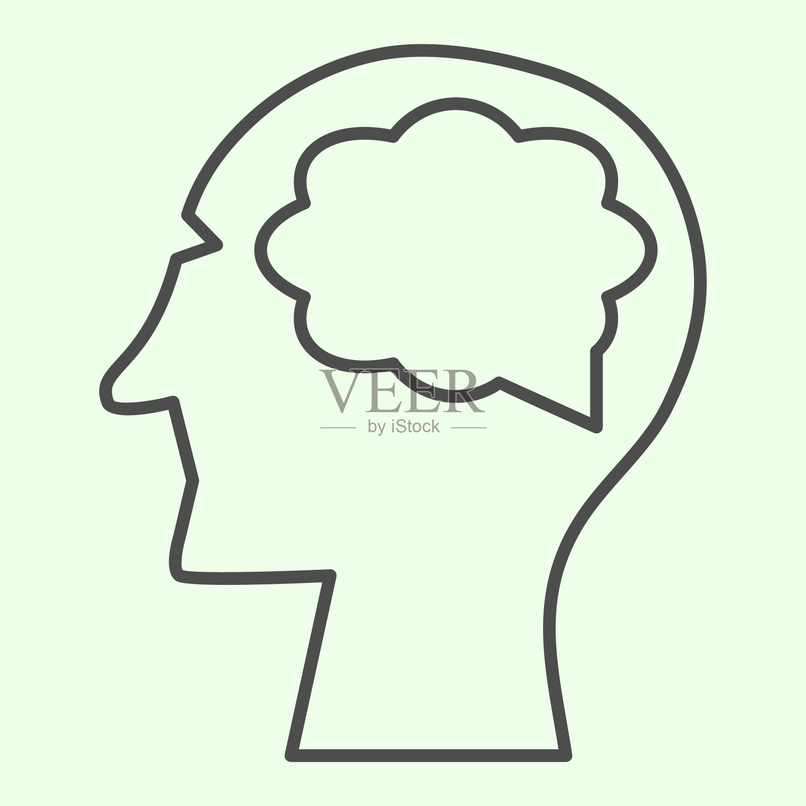 人脑细线图标。人的脑袋思考一个新的想法轮廓风格象形在白色的背景。科学和健康标志的移动概念和网页设计。矢量图形。插画图片素材