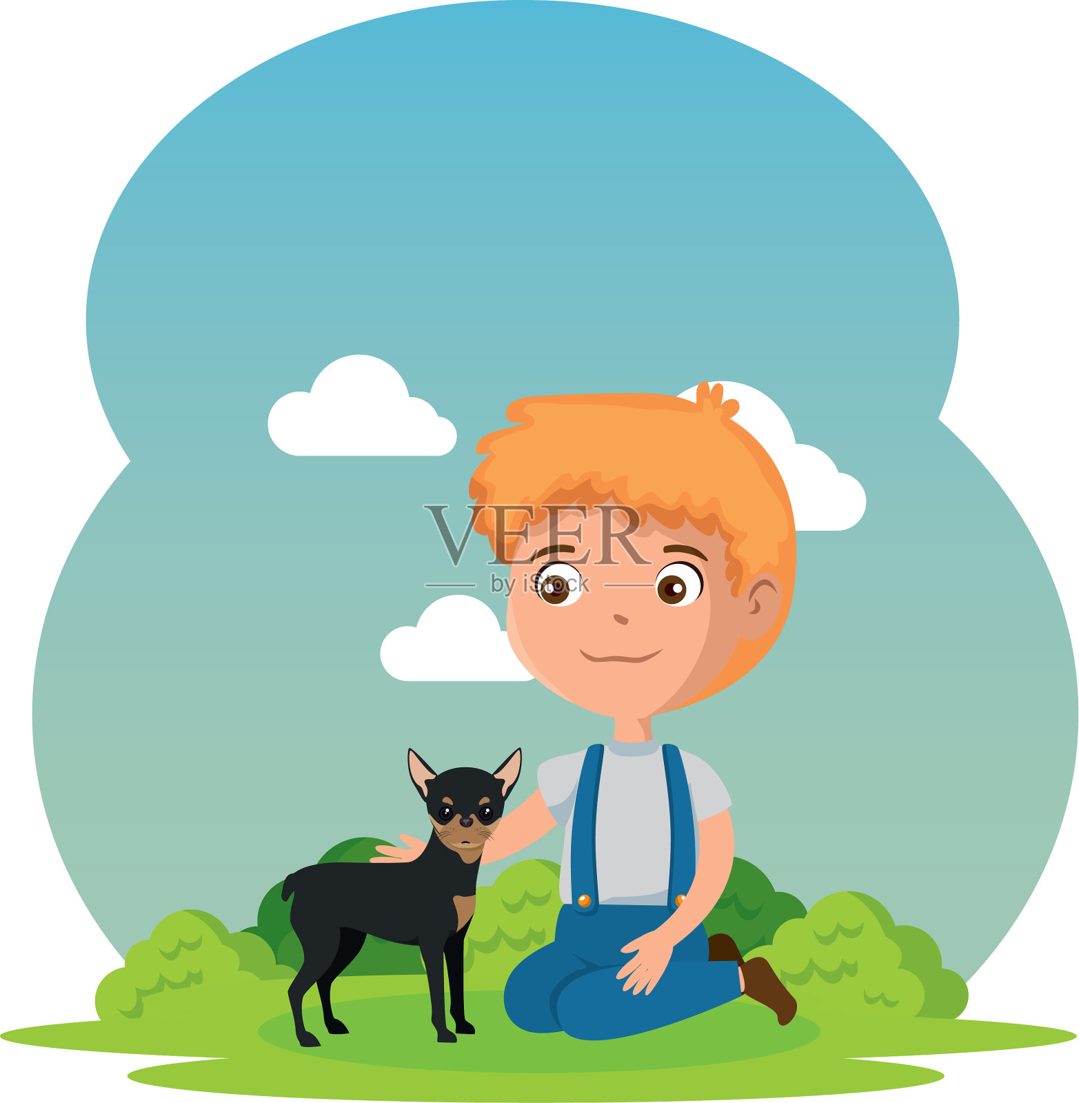 可爱的小男孩和狗在风景设计元素图片