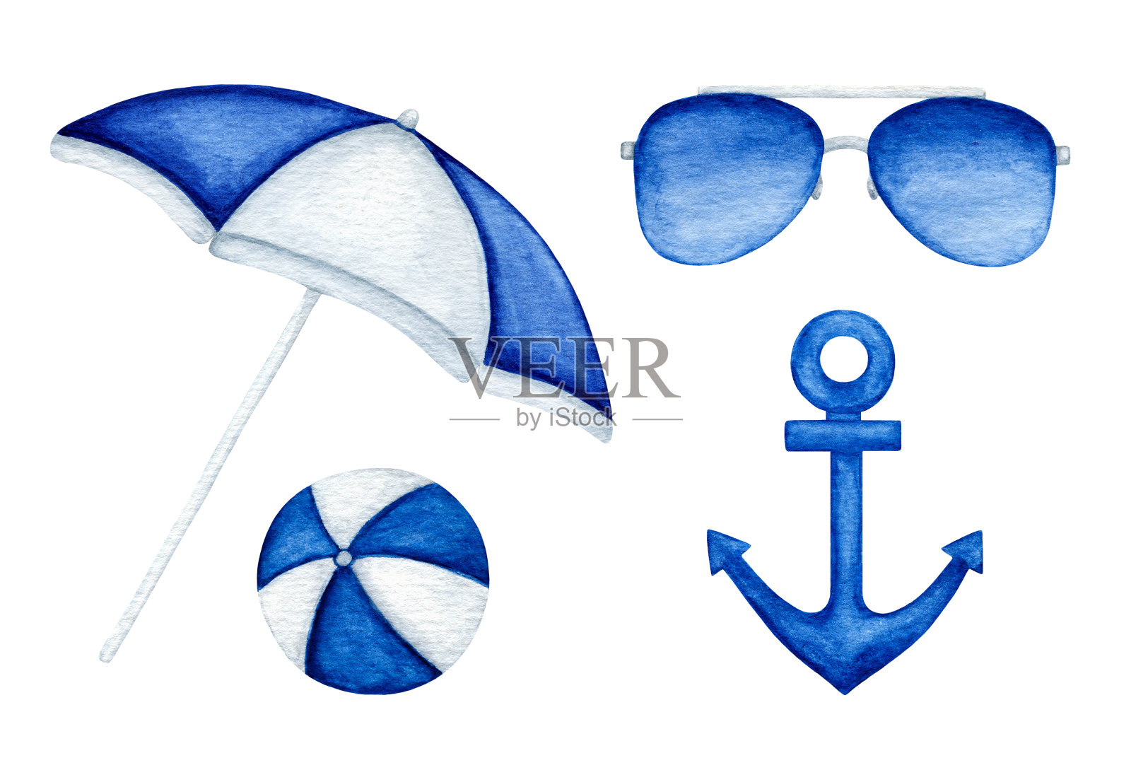 水彩画蓝色沙滩海夏日太阳镜，太阳伞，锚，球。手绘海洋设计元素孤立。插画图片素材