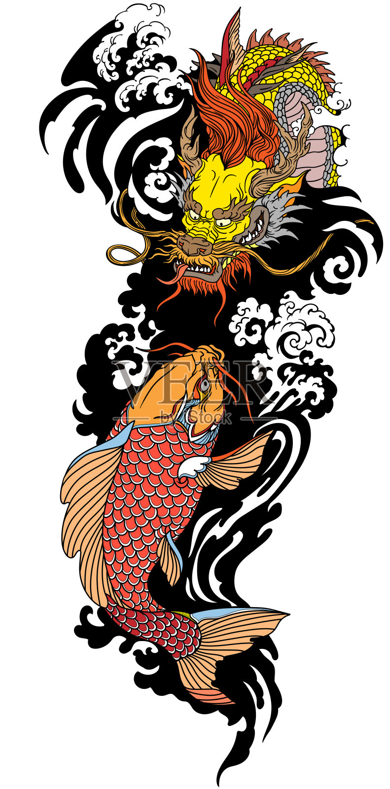黄金东亚龙和锦鲤。纹身插画图片素材