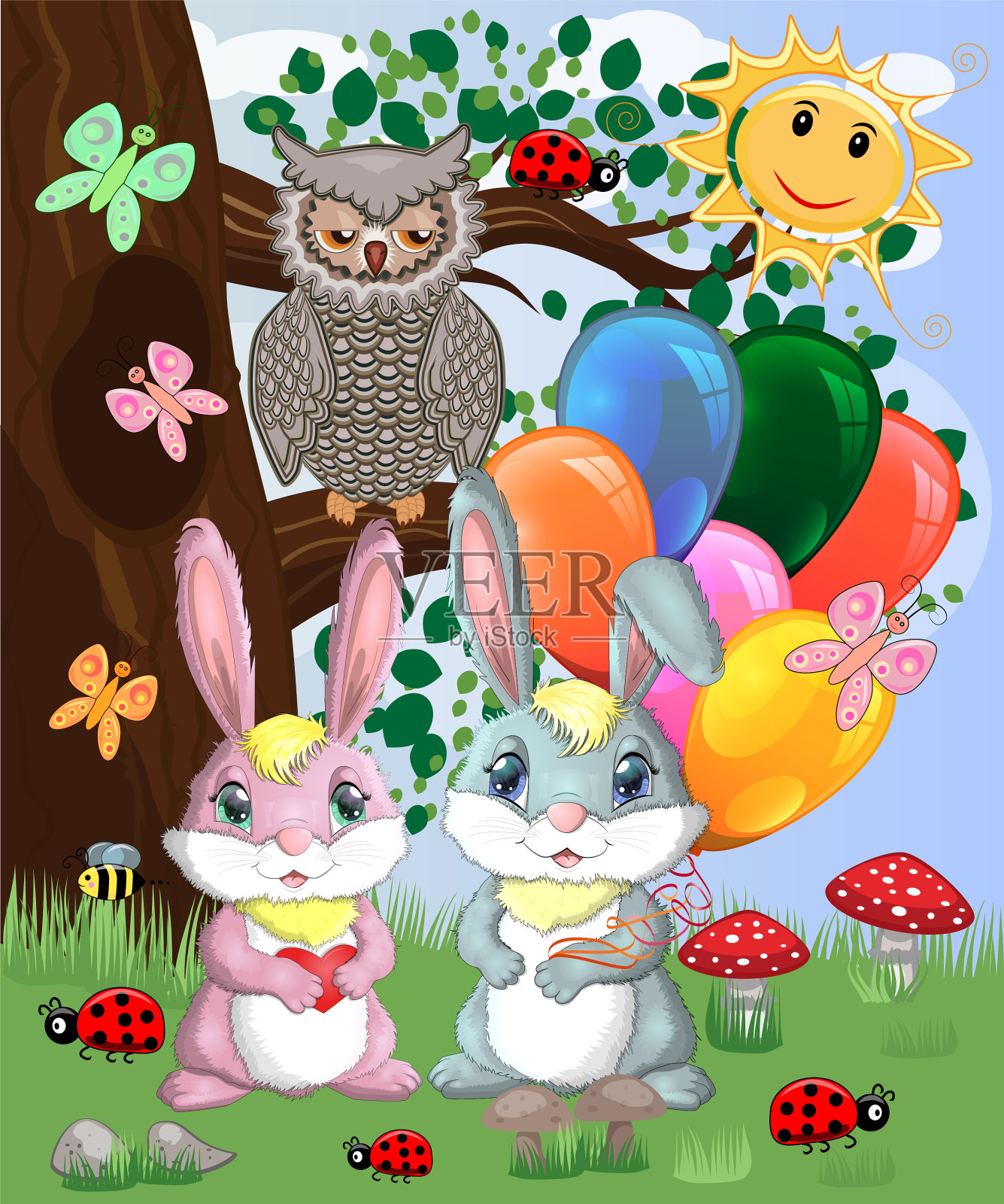 两只带着球的可爱小兔子在林间空地上玩耍插画图片素材