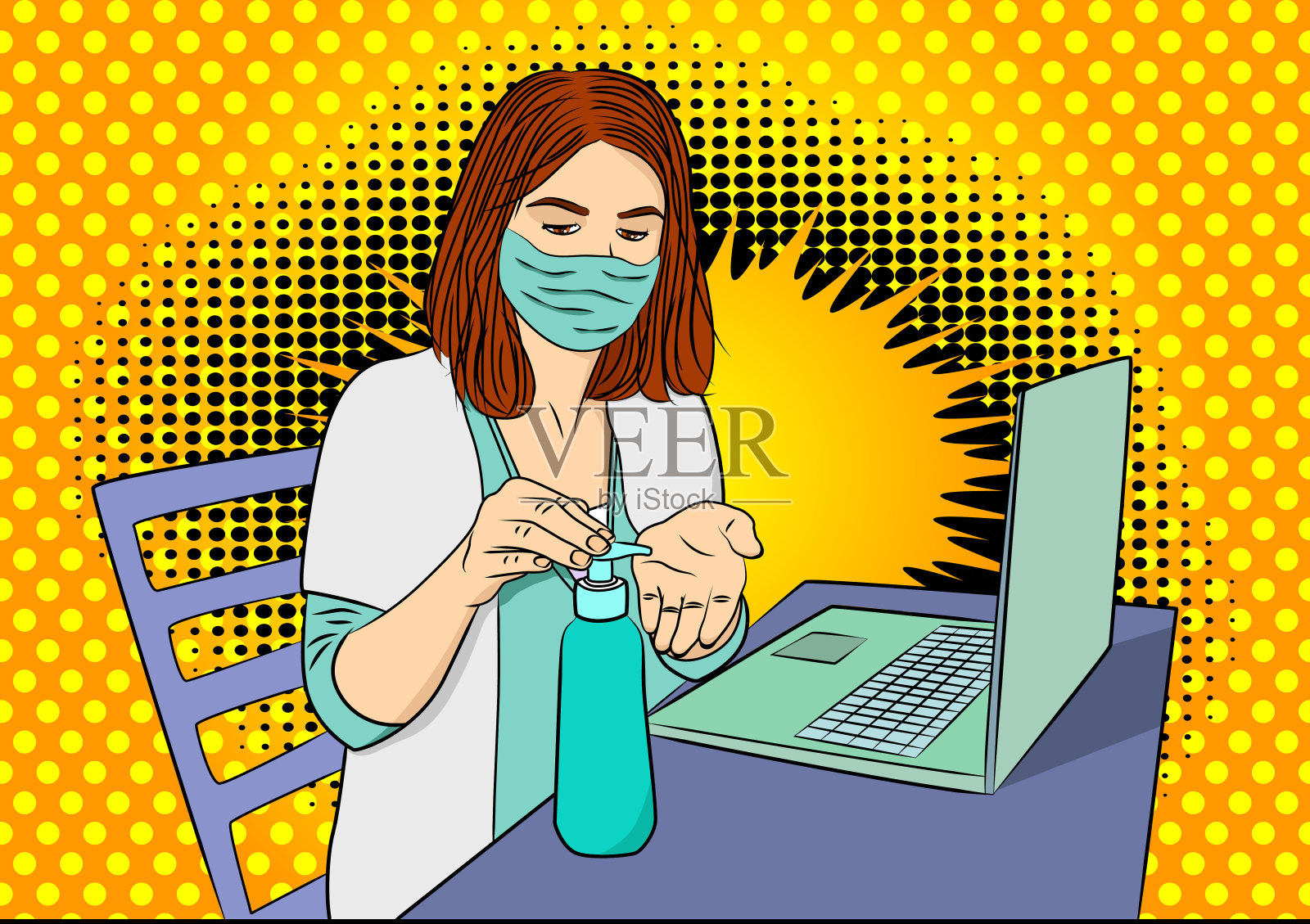 女医生在使用笔记本电脑之前消毒她的手插画图片素材