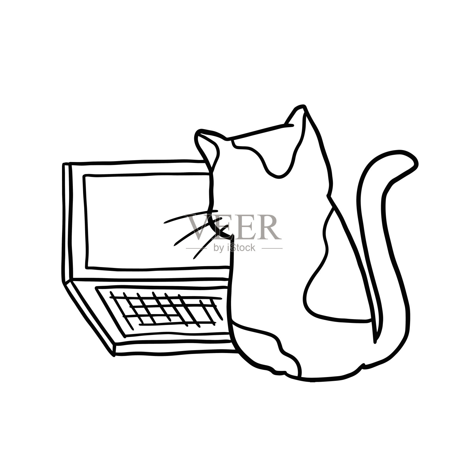 卡通手绘猫坐在笔记本电脑前插画图片素材