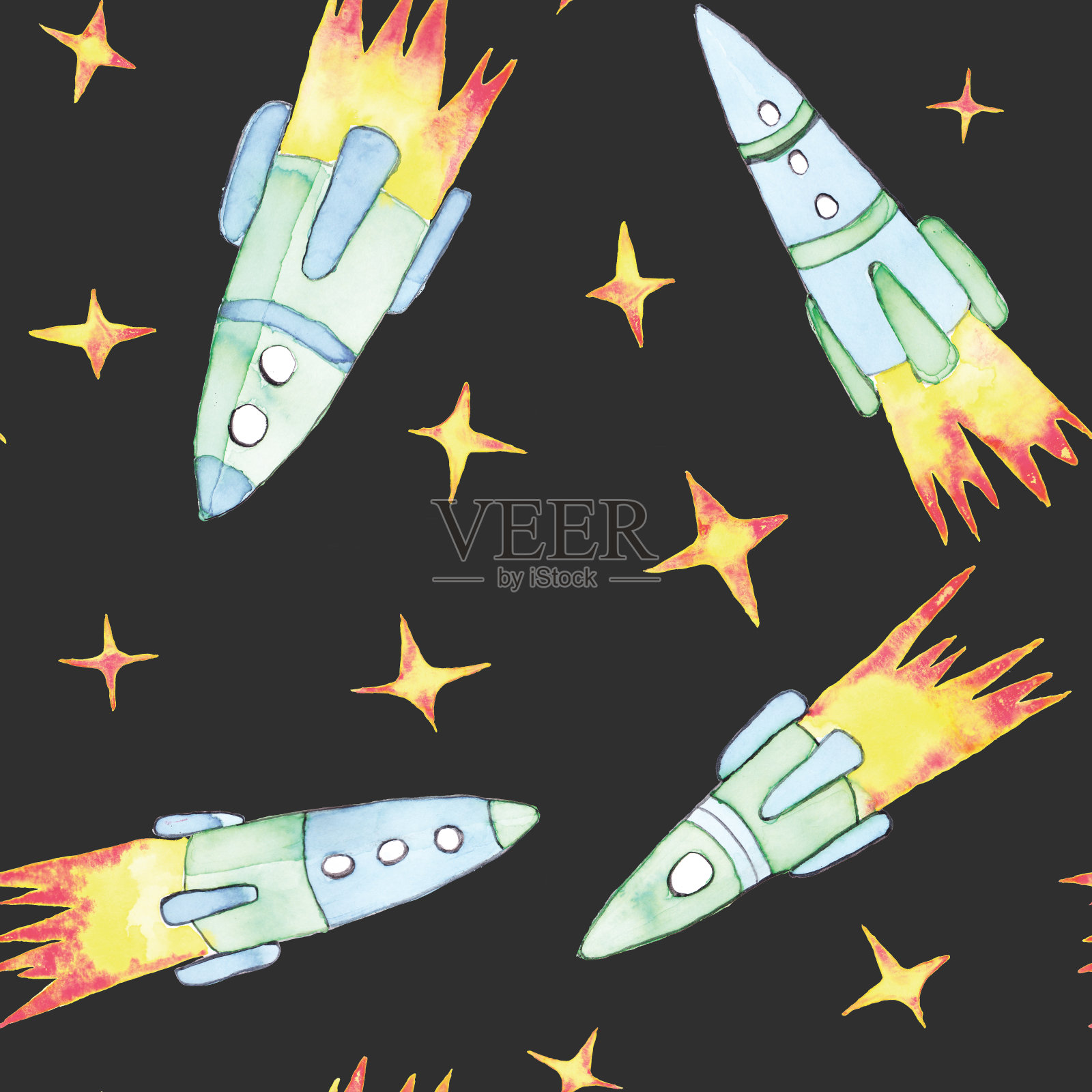 蓝色和绿色水彩火箭和黄色星星无缝模式上的黑色背景。手绘空间无限打印。墙纸。插画图片素材