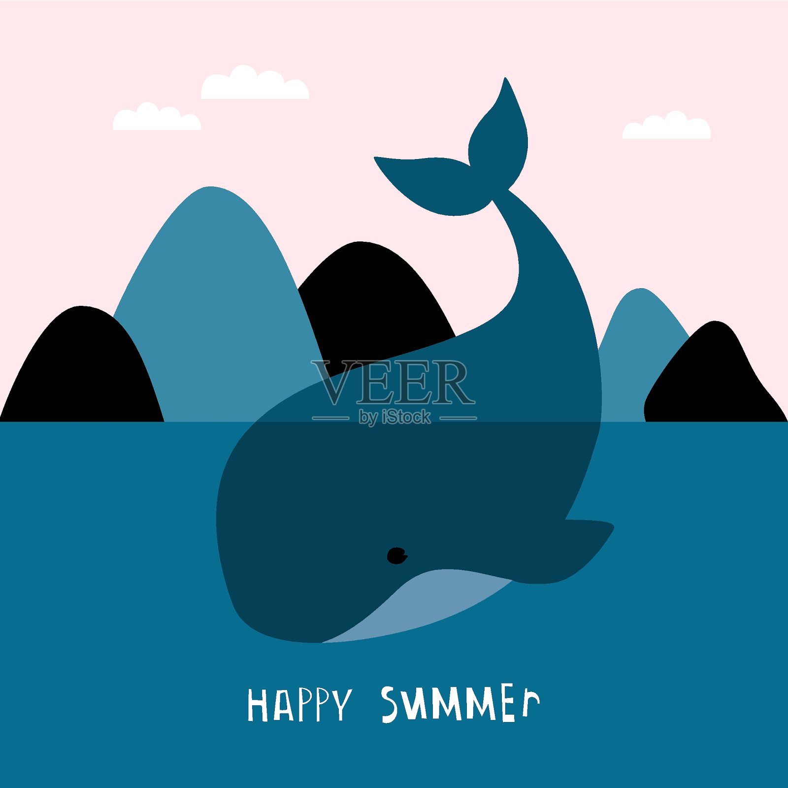 快乐的夏天手绘创意印花与鲸鱼。儿童印花，儿童服装，海报，明信片。矢量图插画图片素材