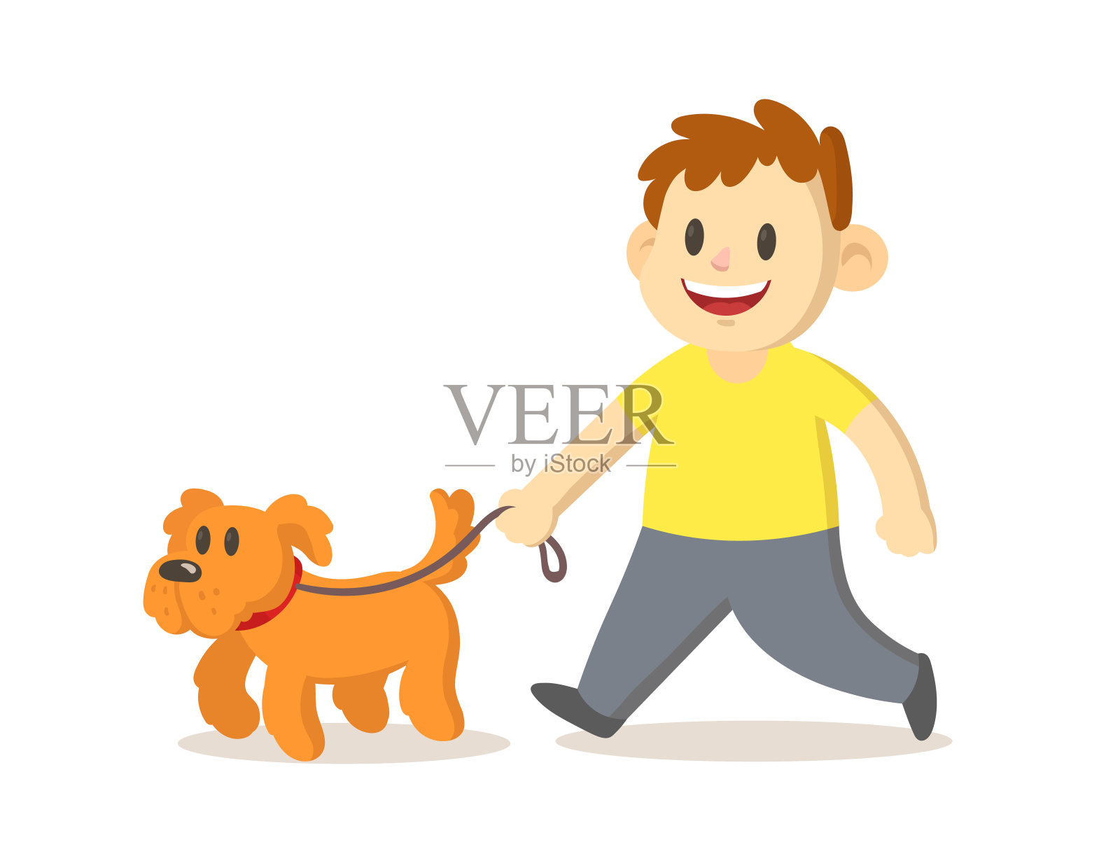 可爱的微笑男孩和狗散步。平面矢量插图，孤立在白色背景上。设计元素图片