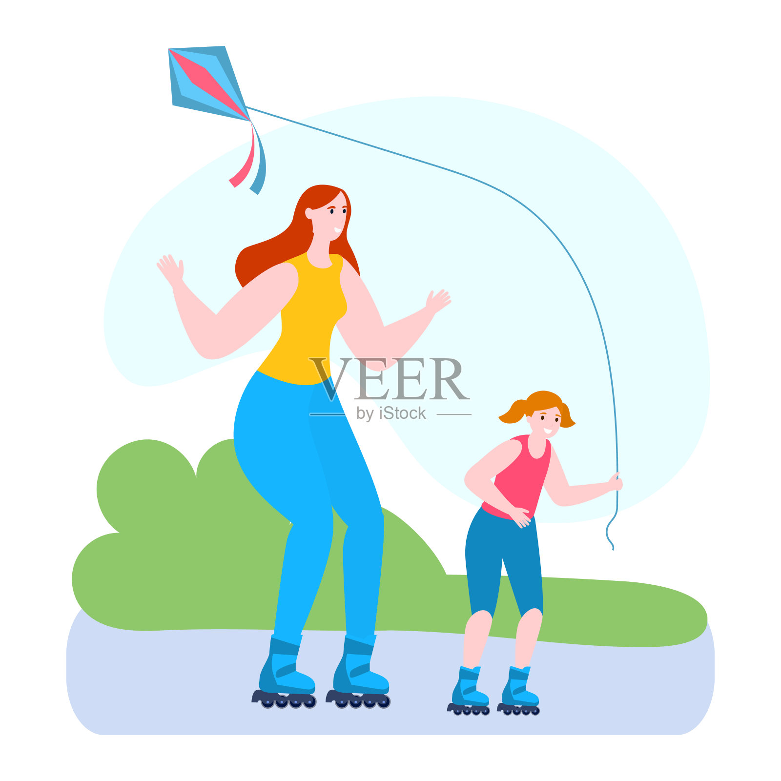 母亲时间与女儿矢量插图，卡通平妈妈和孩子女孩的角色滑冰滚轴一起在公园孤立的白色设计元素图片
