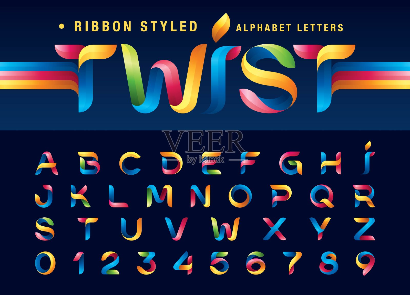 矢量扭曲缎带字母和数字，现代折纸风格的圆形字母插画图片素材