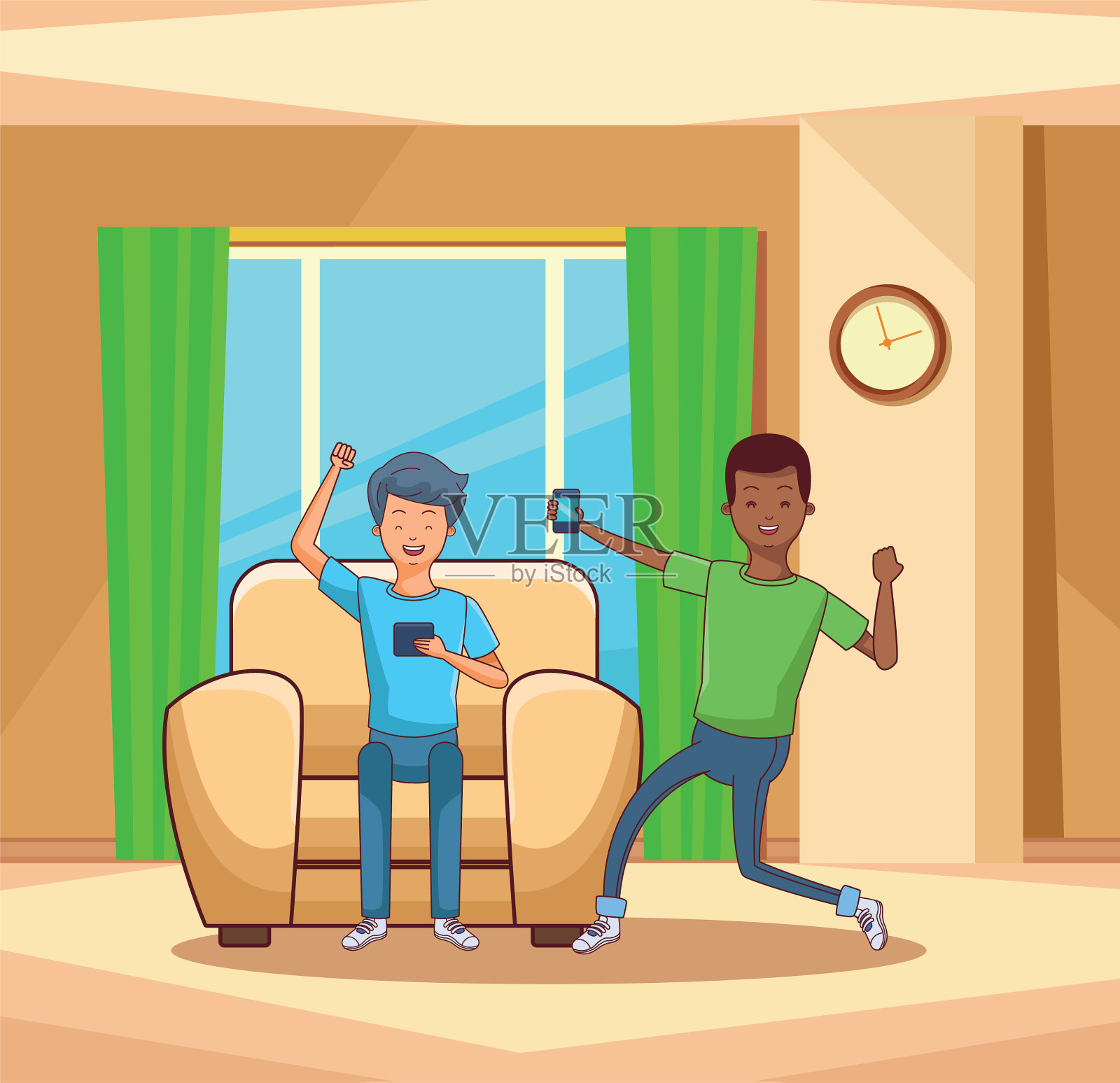 坐在沙发上使用智能手机的青少年插画图片素材