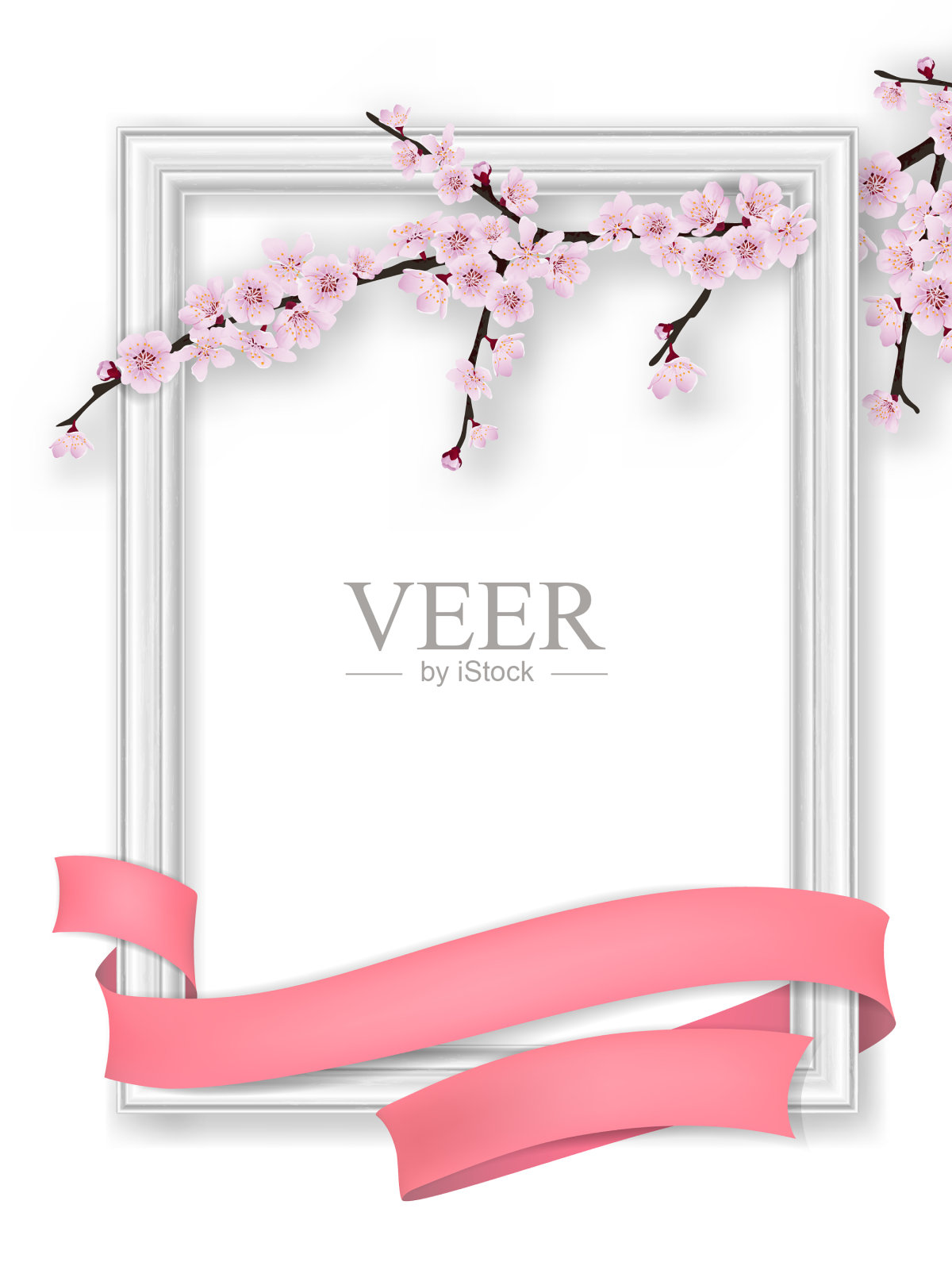 相框盛开的樱花枝粉红丝带插画图片素材