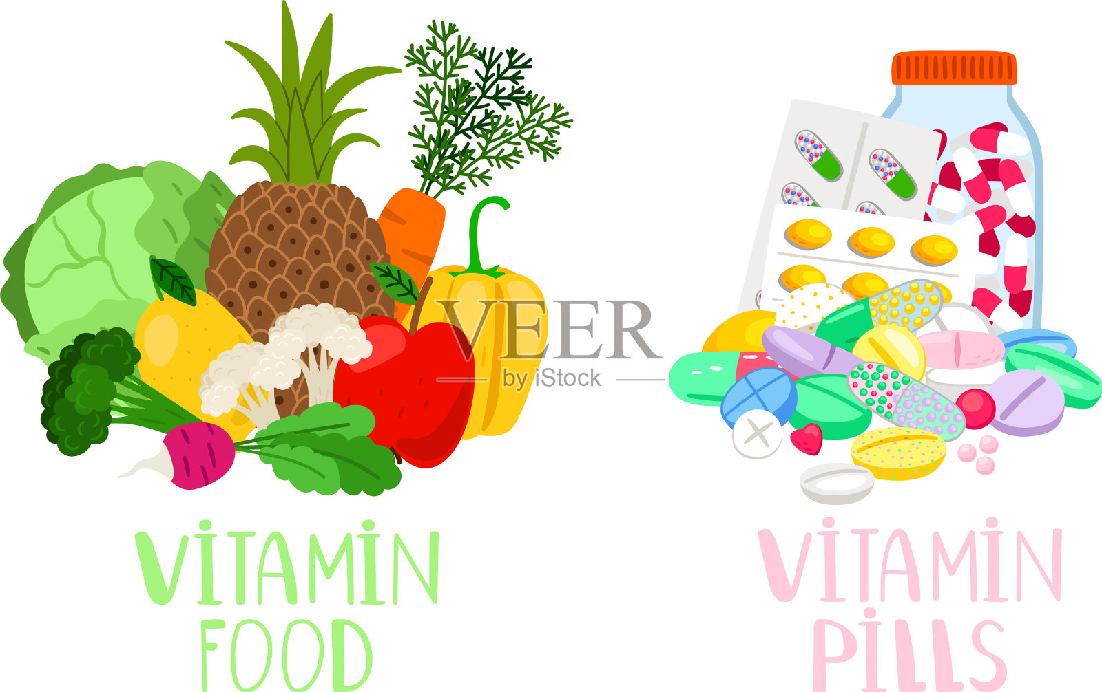 维生素食品和药丸插画图片素材