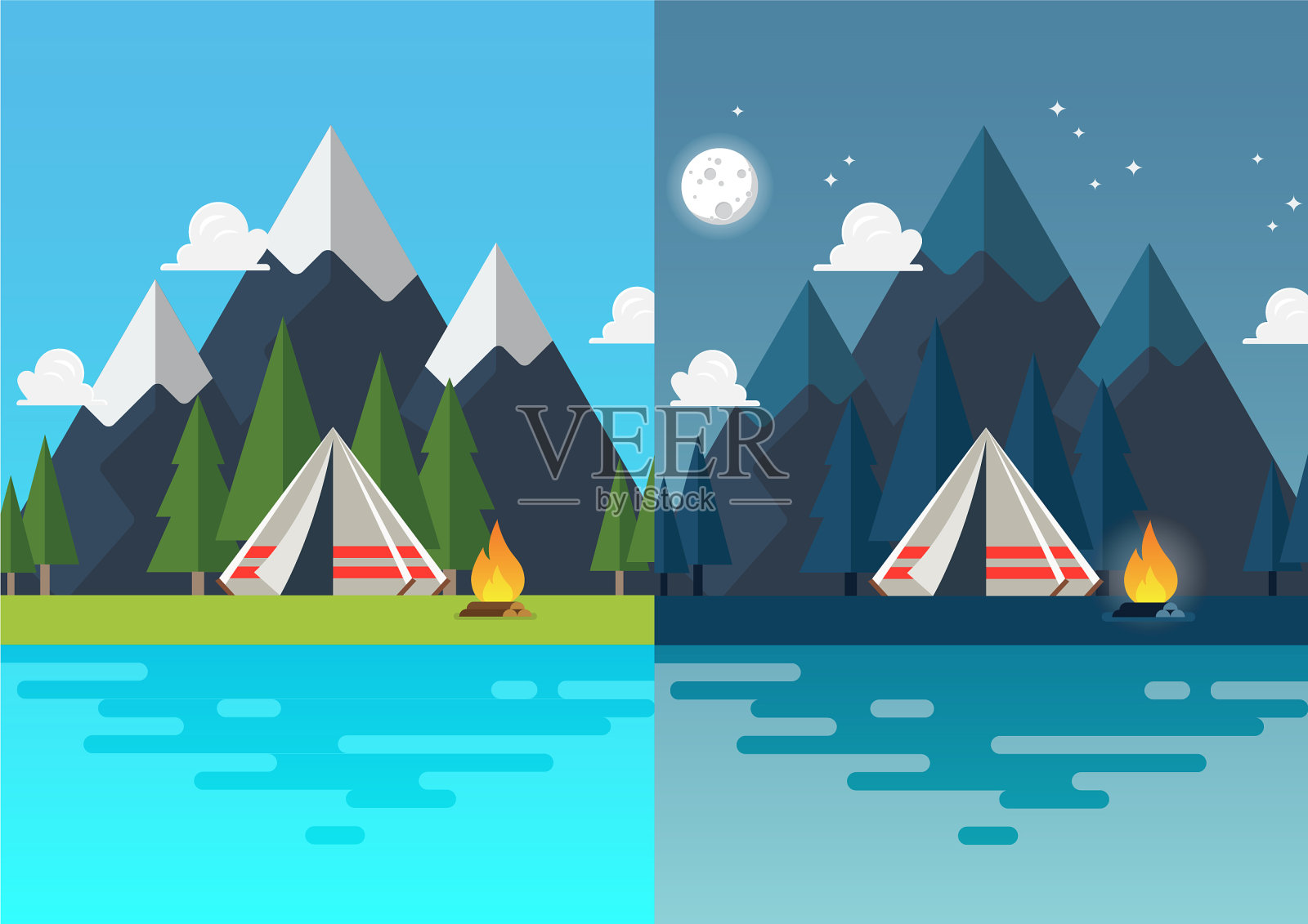 露营帐篷与景观在白天和晚上插画图片素材