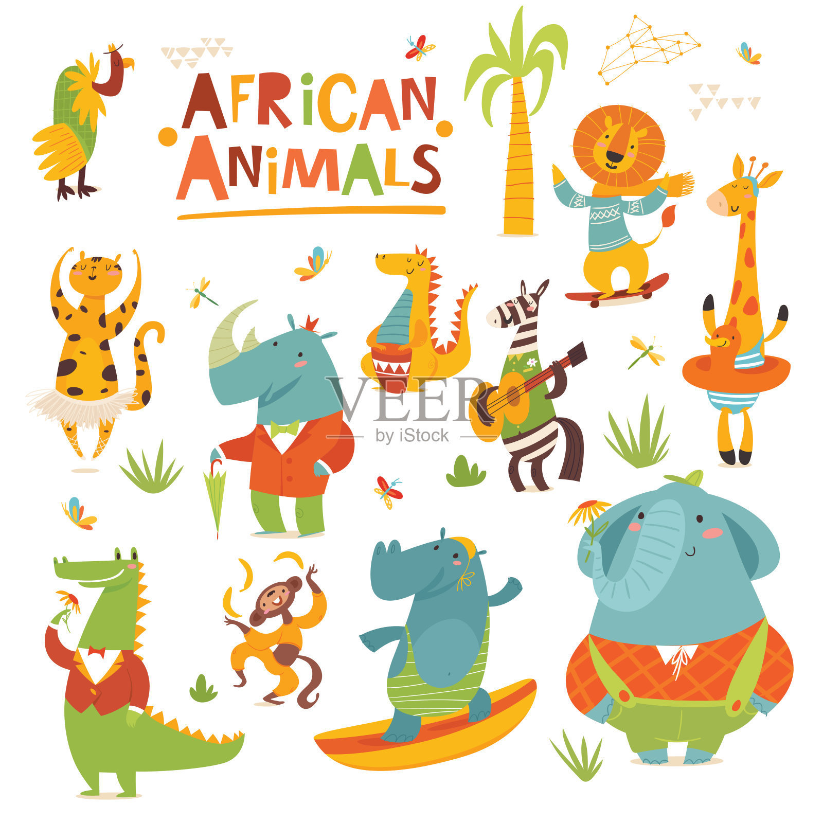 矢量卡通野生动物非洲滑稽人物在扁平风格设计元素图片