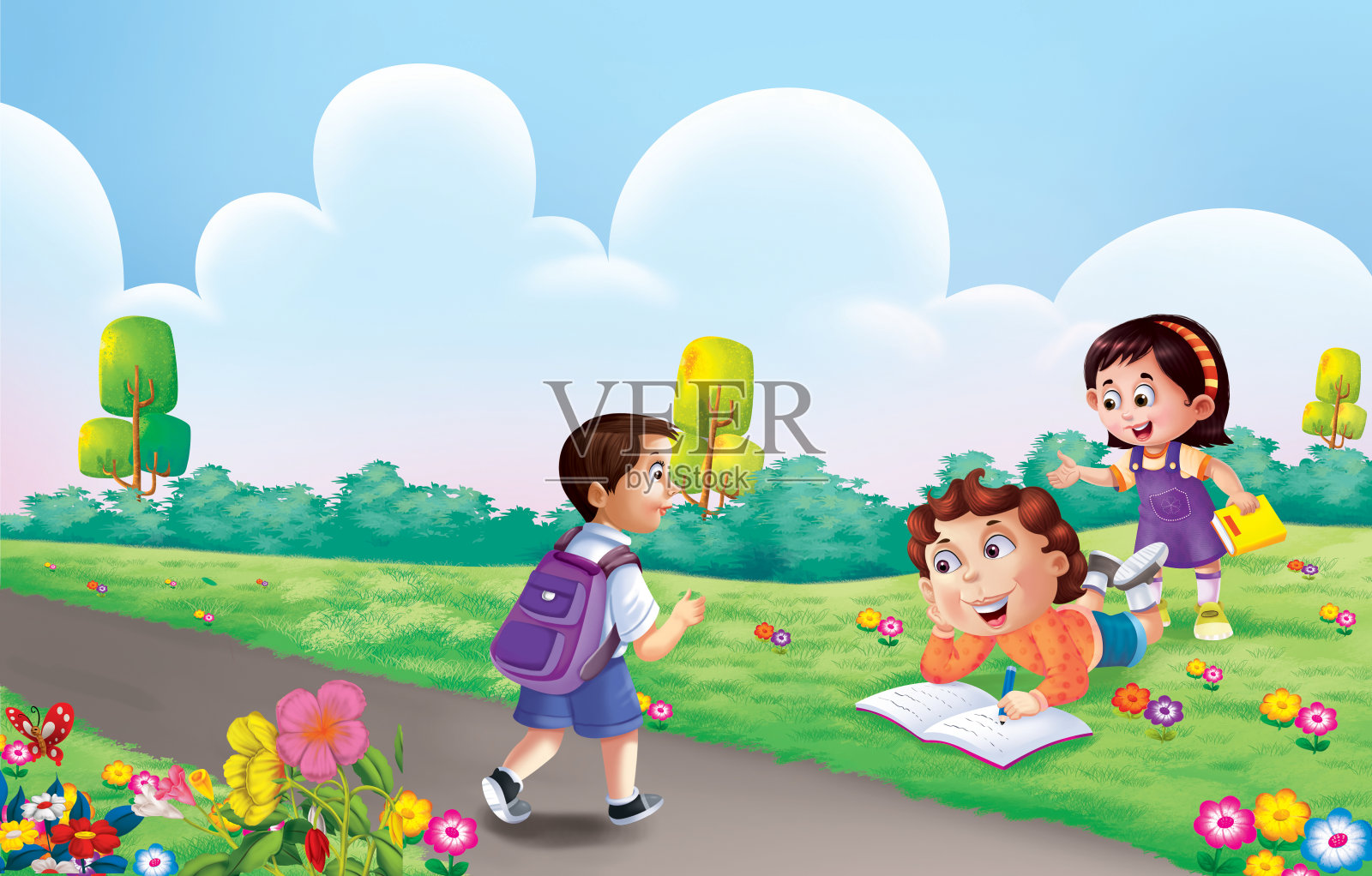 孩子们在公园里读书插画图片素材