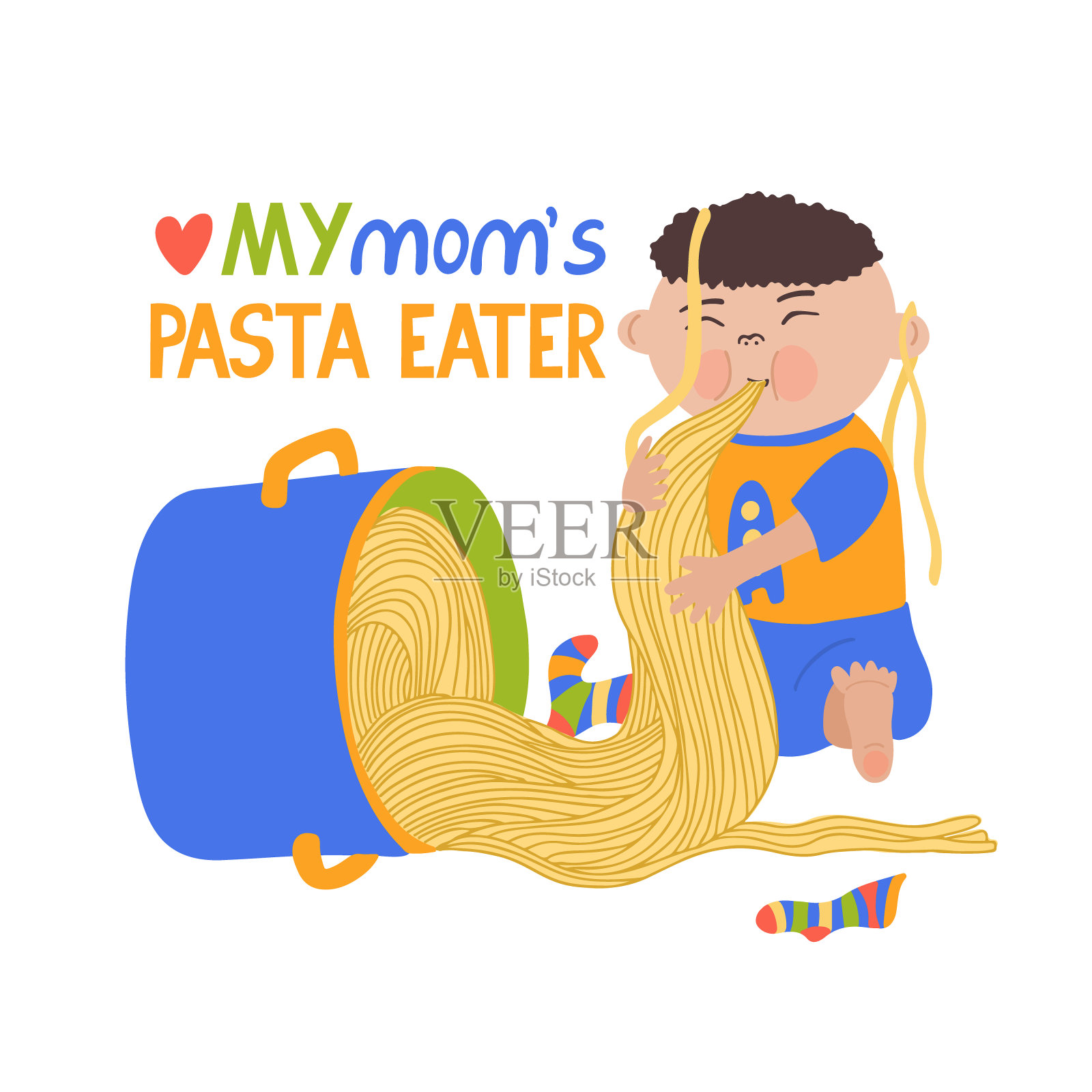 写着一个吃意大利面的小男孩。插画图片素材