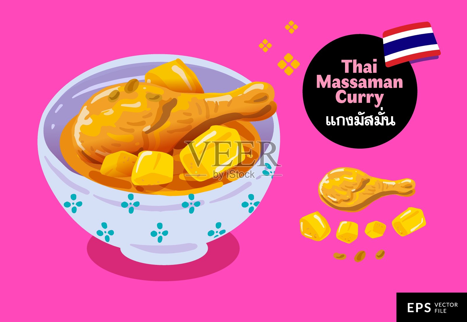 手绘矢量图的泰国鸡马萨门咖喱在白色碗与配料。插画图片素材