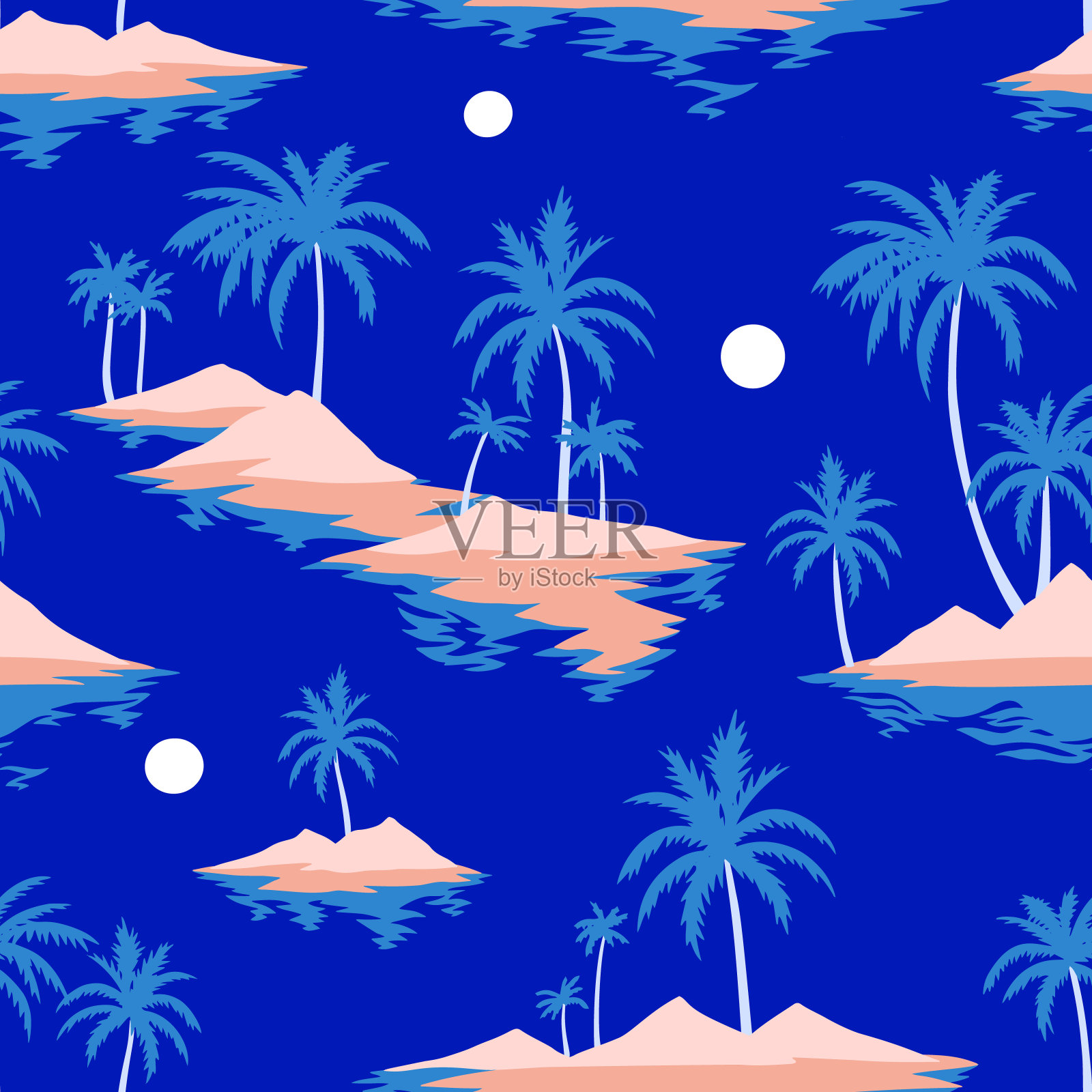 复古无缝岛图案。色彩缤纷的夏日热带背景。风景有棕榈树，海滩和海洋插画图片素材