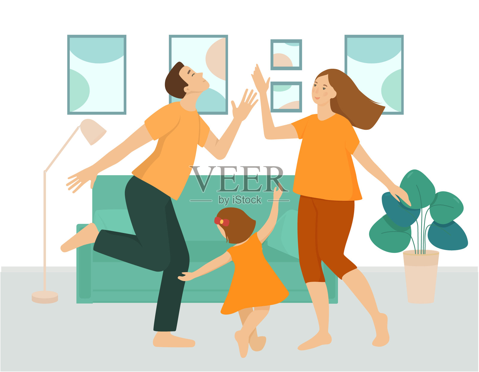 全家人在客厅里玩得很开心，还在跳舞。父母和女儿在家里一起庆祝。平面向量。设计元素图片