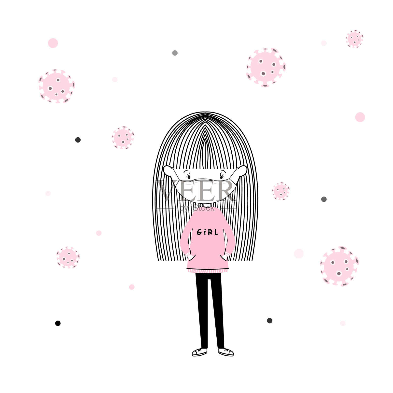 可爱的小女生戴着防细菌的口罩，女孩穿着粉红色的病媒设计插画图片素材