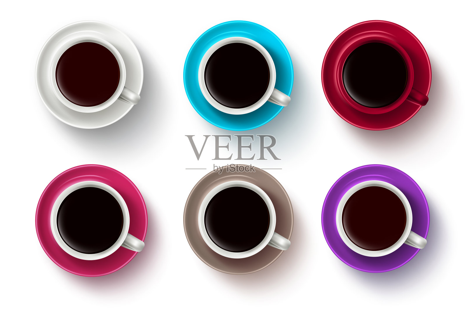 咖啡杯向量集。咖啡杯与碟在3D现实各种颜色在顶视图设计元素图片