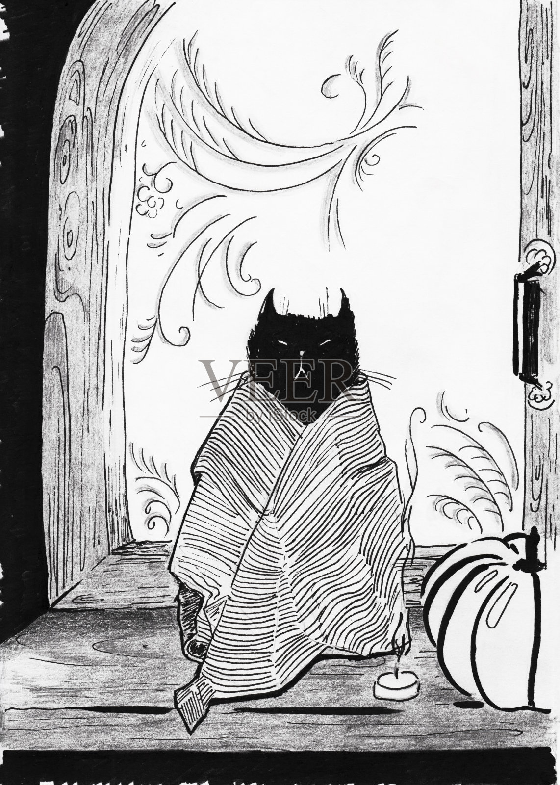图形的黑色和白色手绘插图的万圣节猫插画图片素材