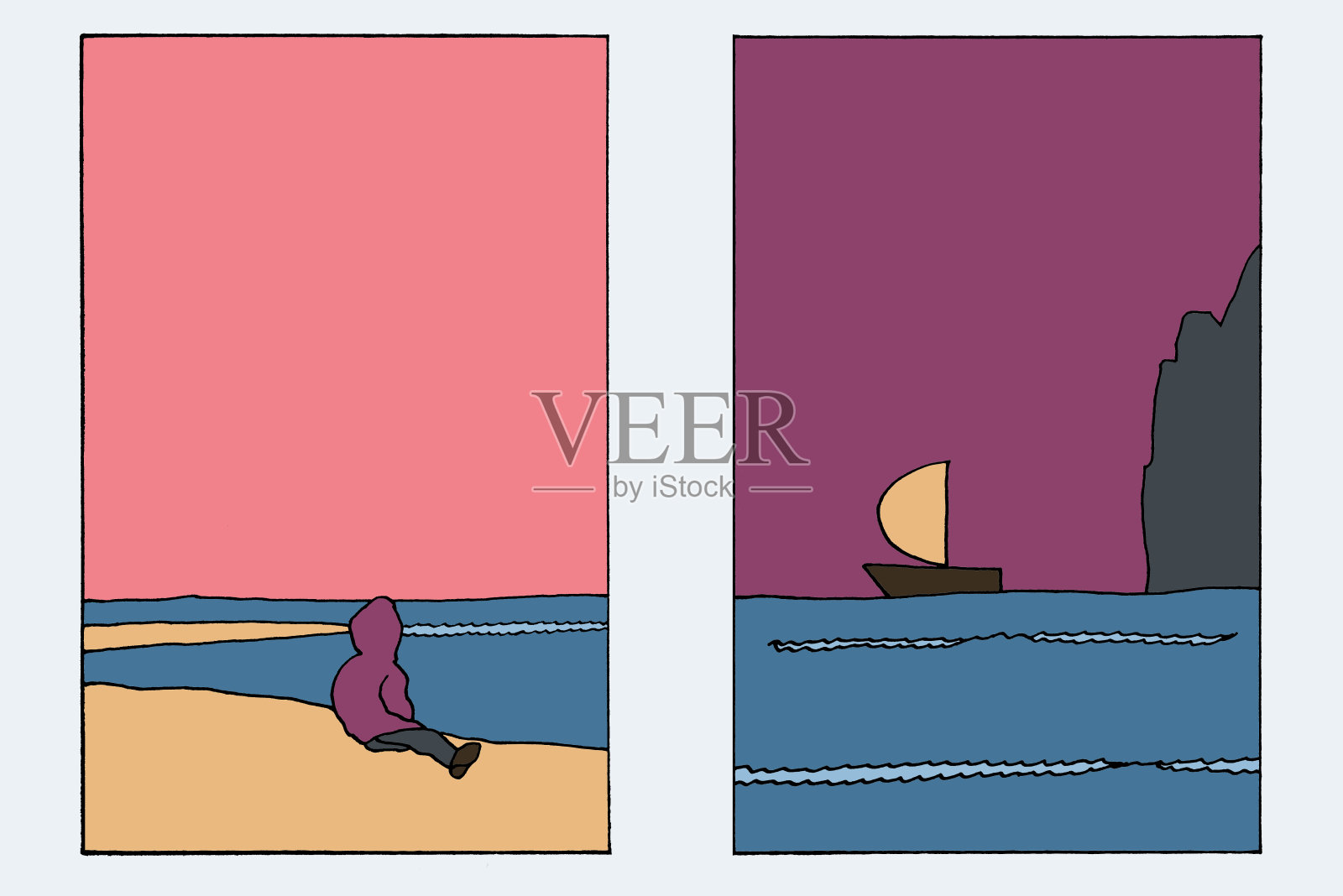 夕阳西下，男人坐在海滩上。船正驶离悬崖插画图片素材